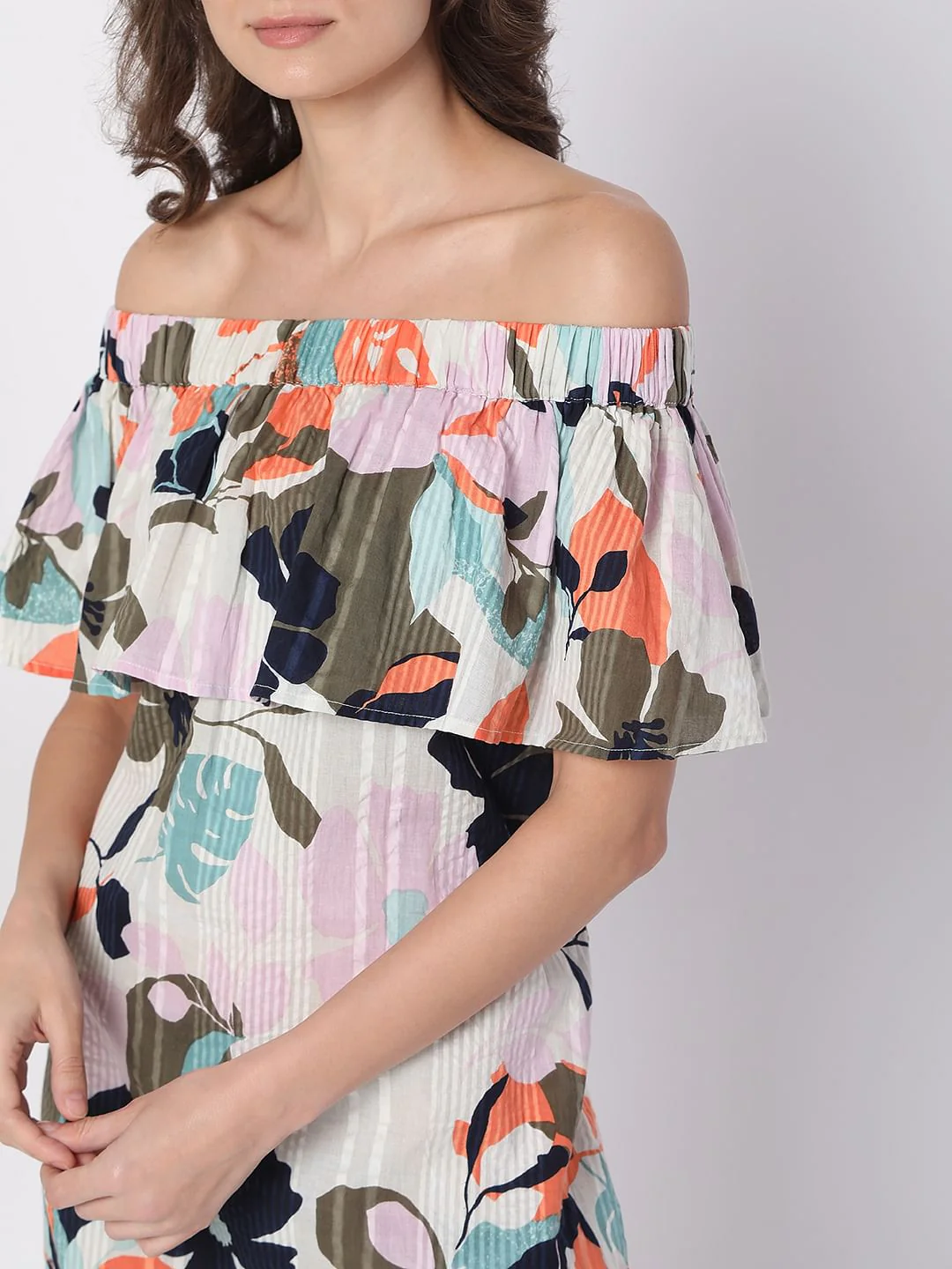 Beige Floral Off-Shoulder Midi Dress - Image 5