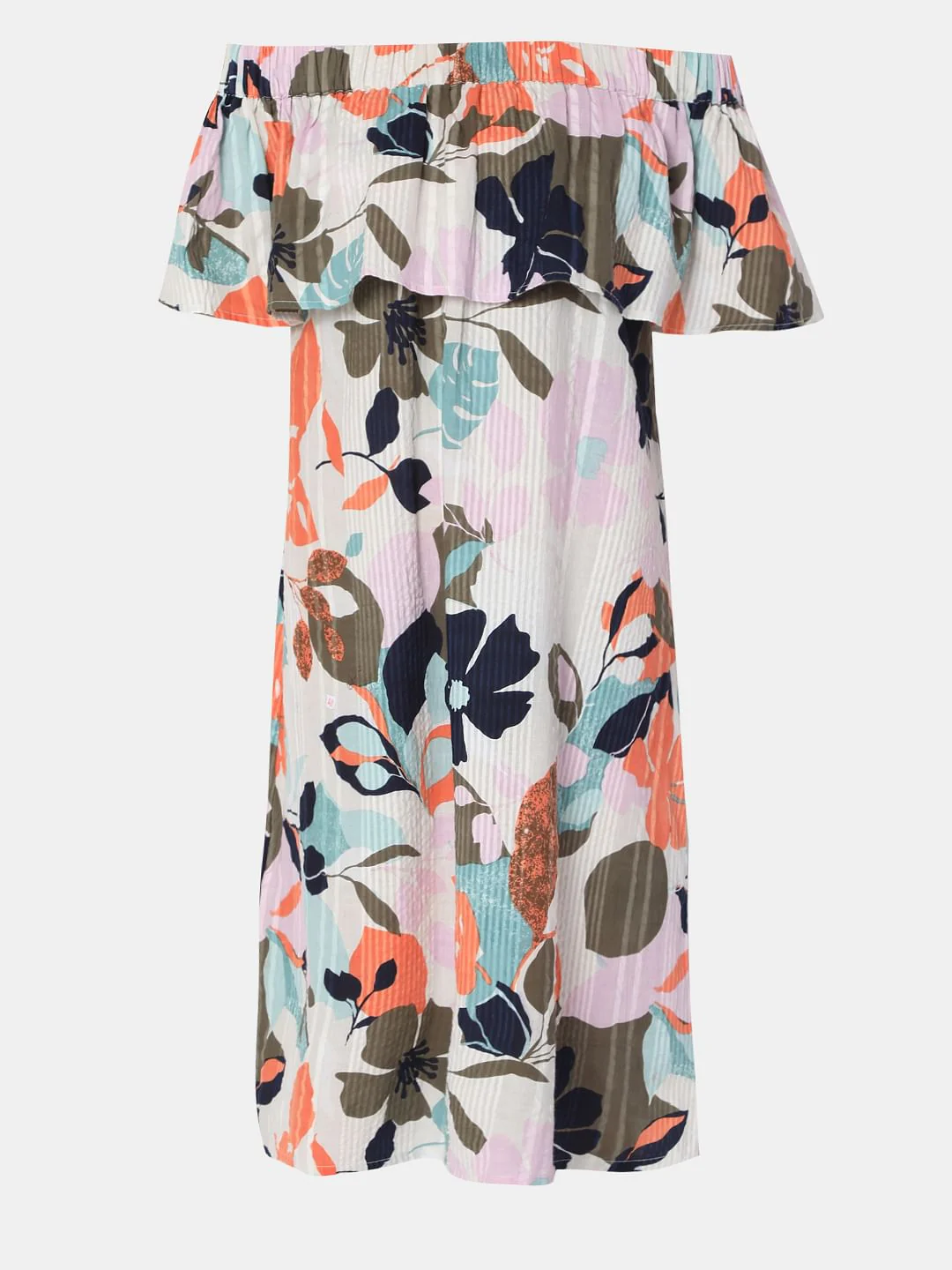 Beige Floral Off-Shoulder Midi Dress - Image 6