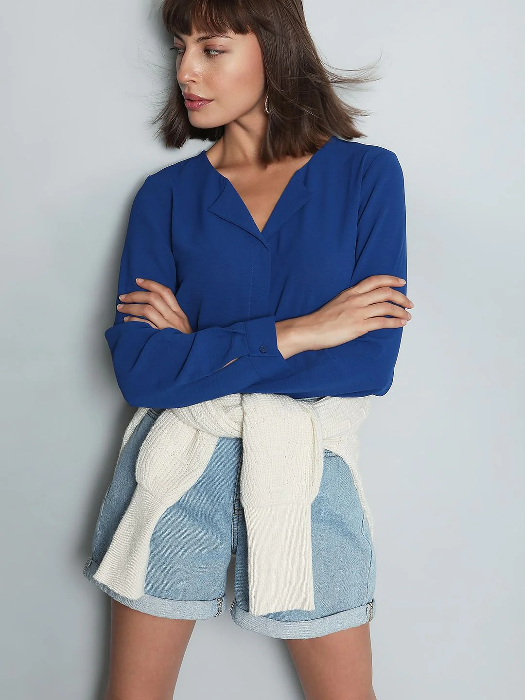 Blue Folded Collar Top