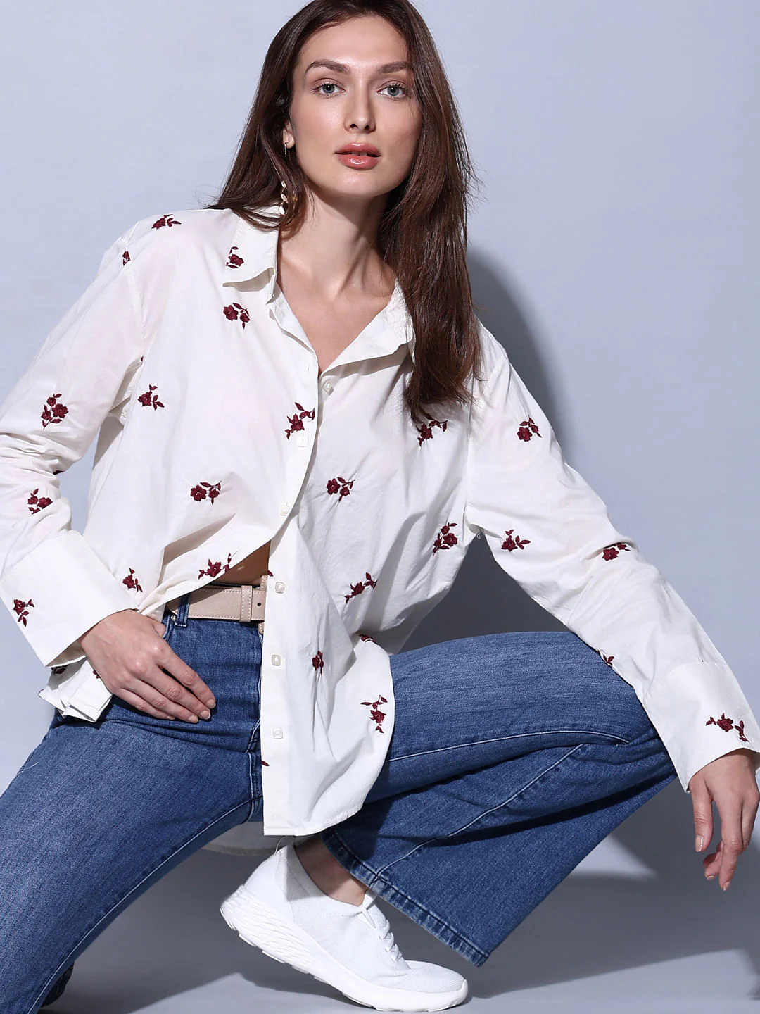 Beige Floral Embroidered Shirt