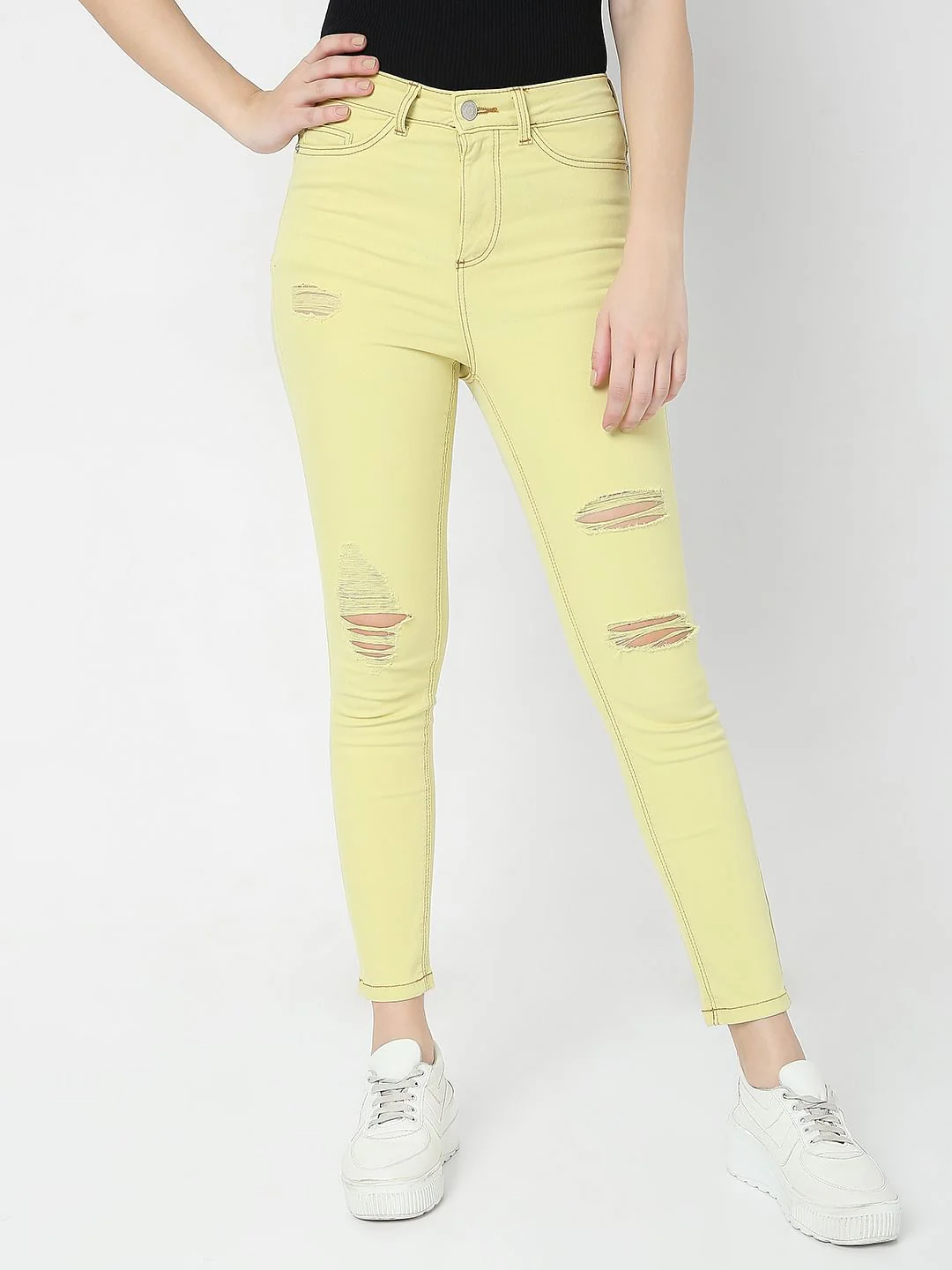 Lime Green Mid Rise Distressed Wendy Skinny Jeans - Image 2