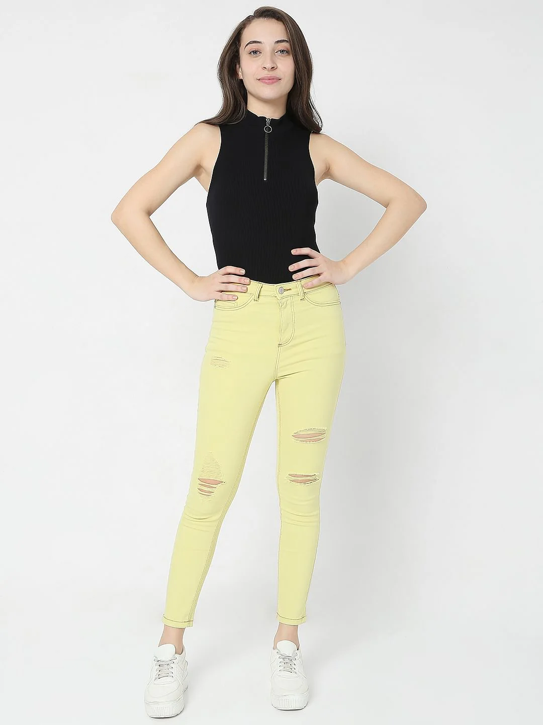 Lime Green Mid Rise Distressed Wendy Skinny Jeans - Image 6
