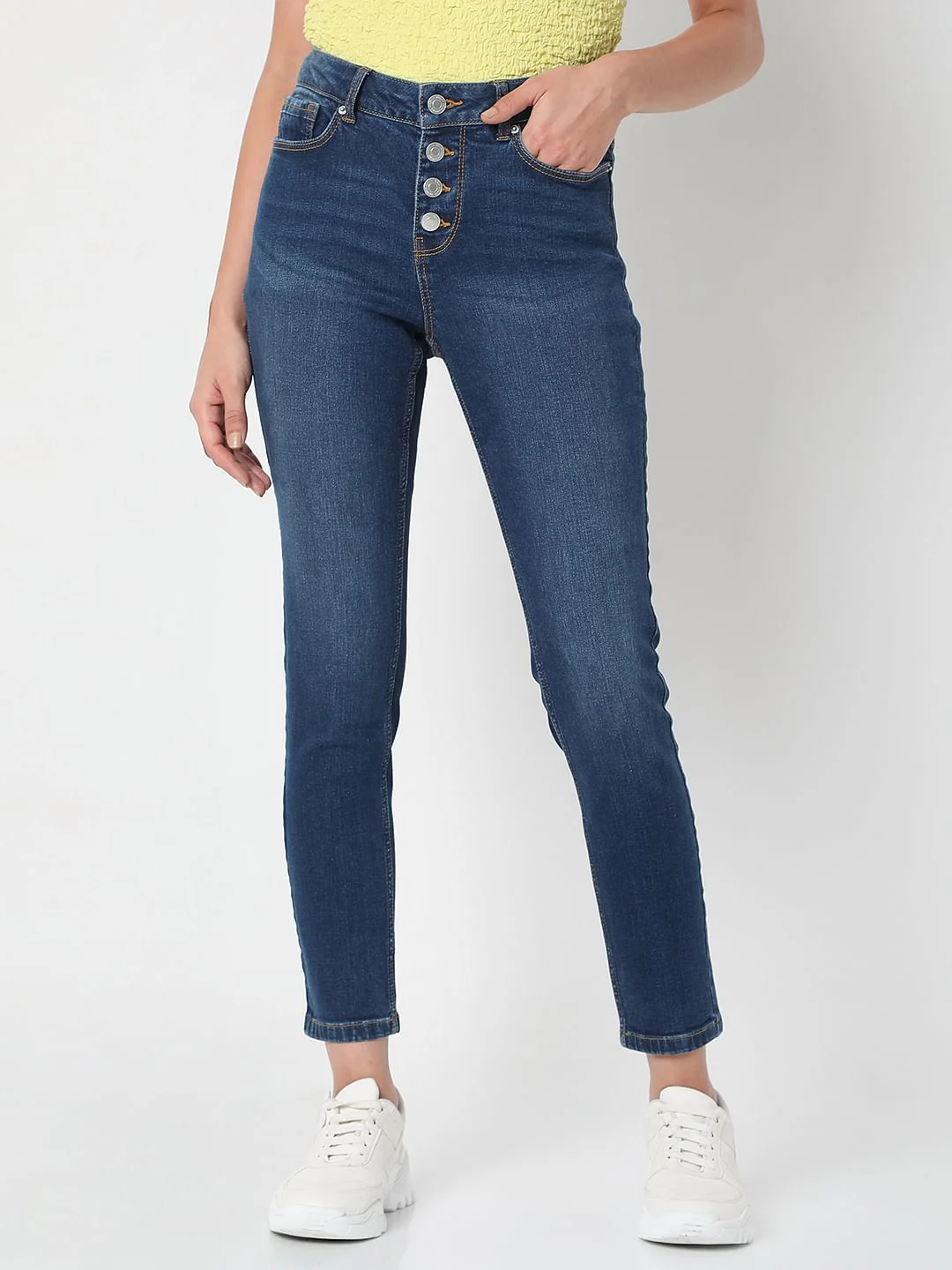Blue Mid Rise Front Button Flap Wendy Skinny Jeans - Image 2