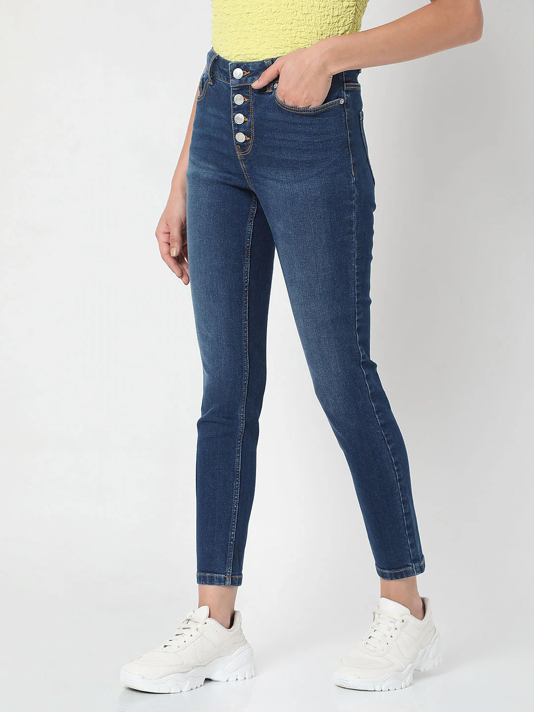Blue Mid Rise Front Button Flap Wendy Skinny Jeans - Image 3