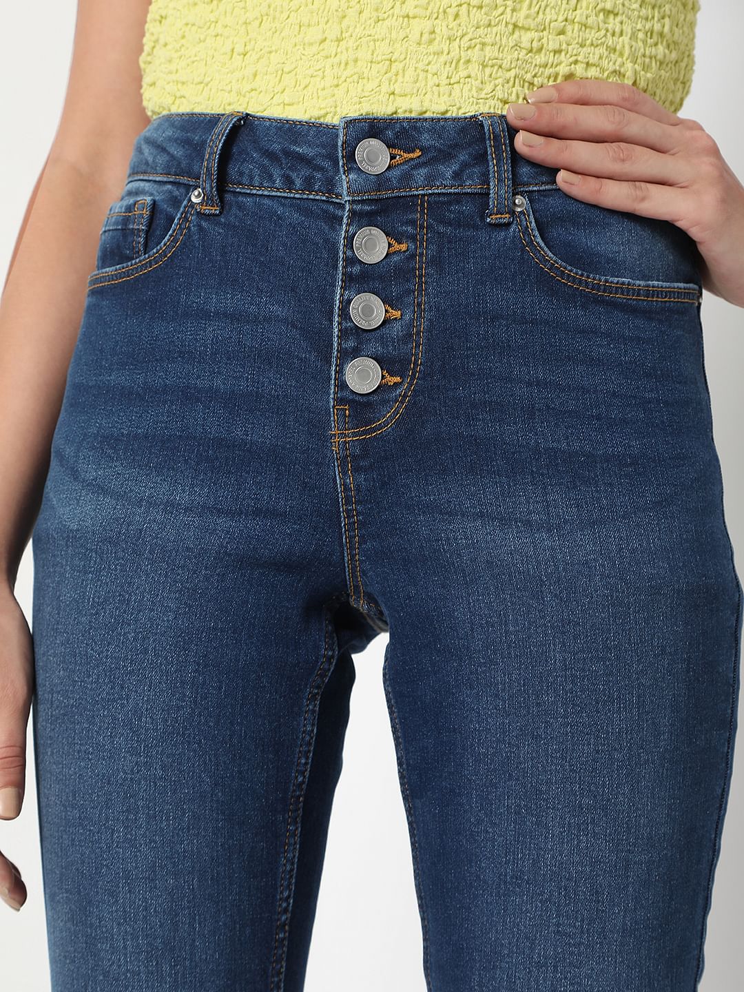 Blue Mid Rise Front Button Flap Wendy Skinny Jeans - Image 5
