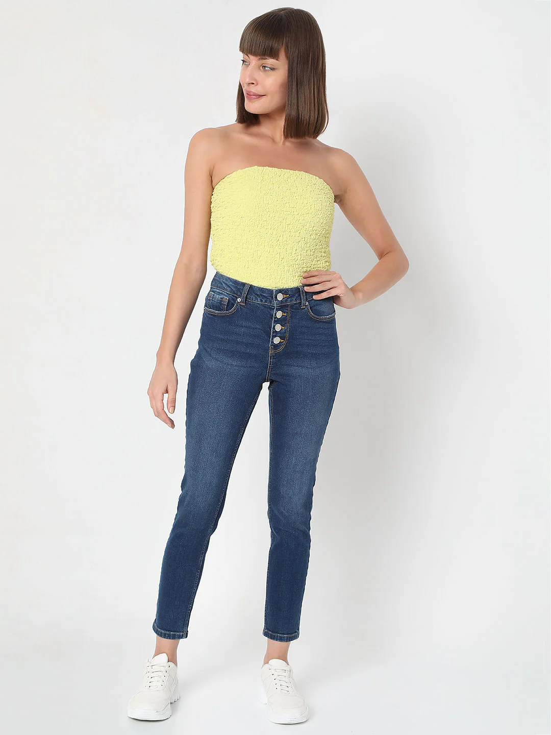Blue Mid Rise Front Button Flap Wendy Skinny Jeans - Image 6