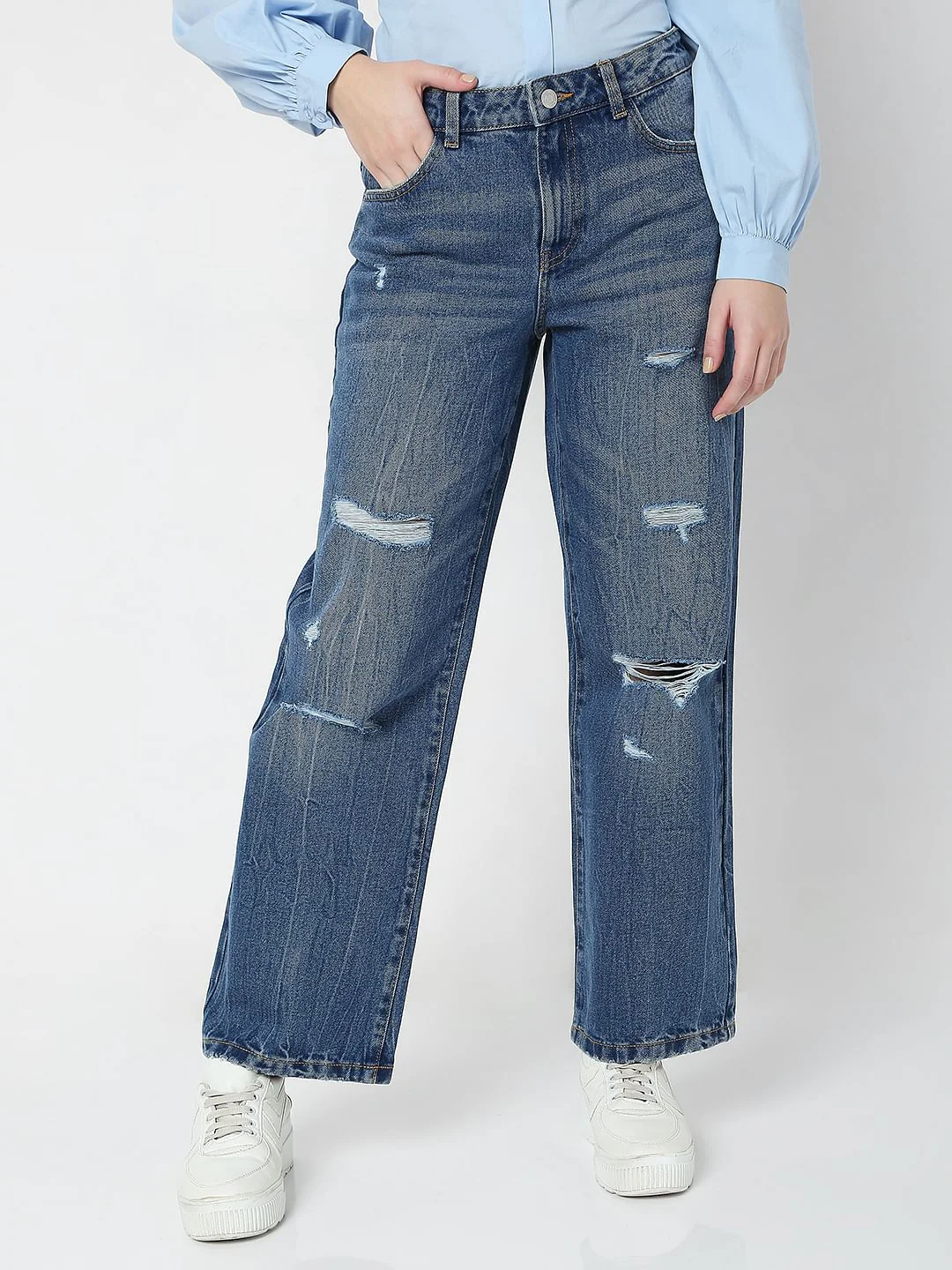 Blue High Waist Wide Leg Torn Jeans - Image 2