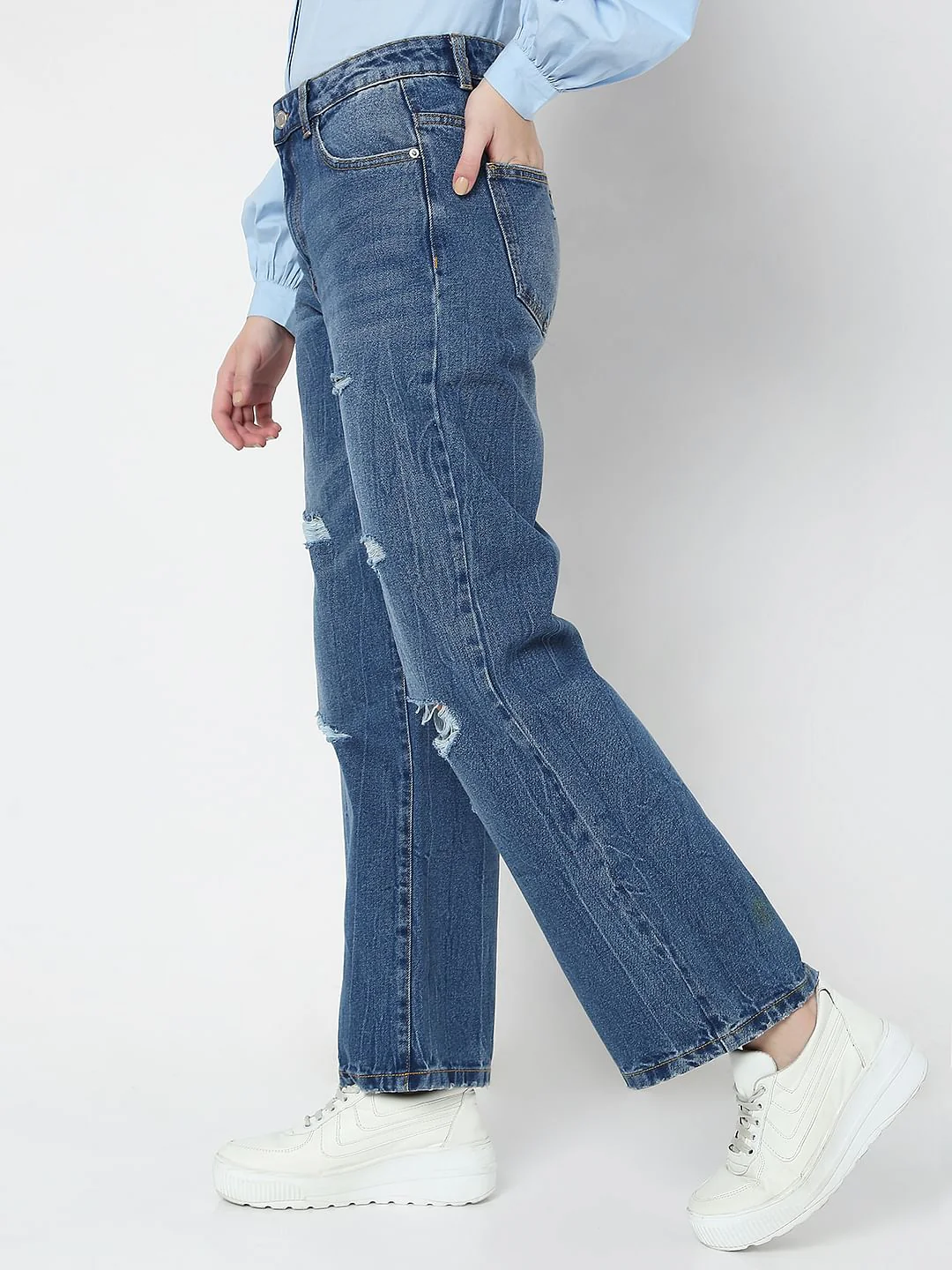 Blue High Waist Wide Leg Torn Jeans - Image 3