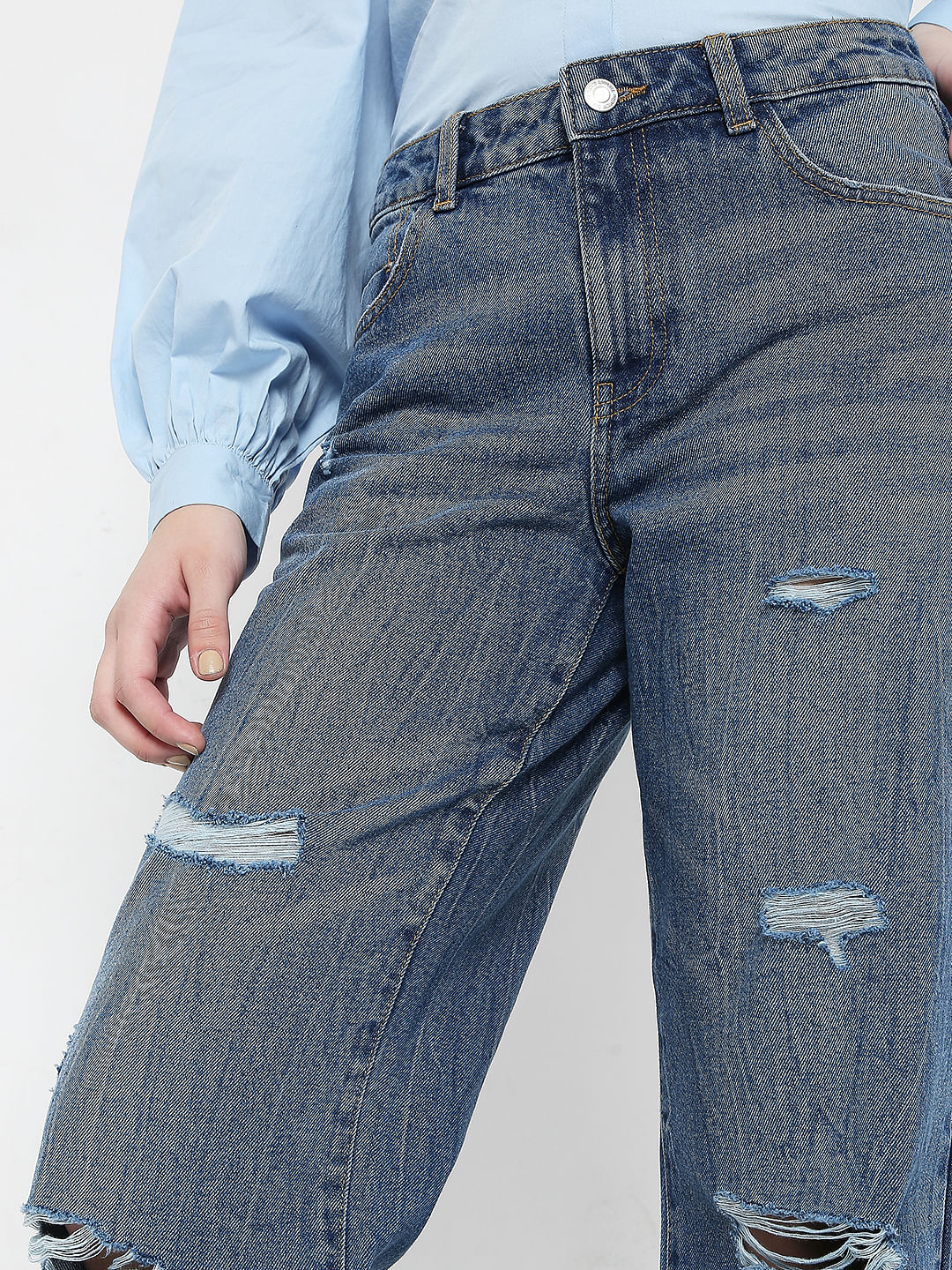 Blue High Waist Wide Leg Torn Jeans - Image 5