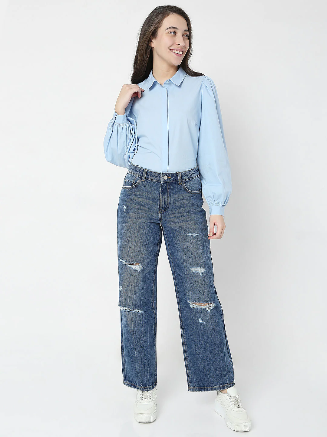 Blue High Waist Wide Leg Torn Jeans - Image 6