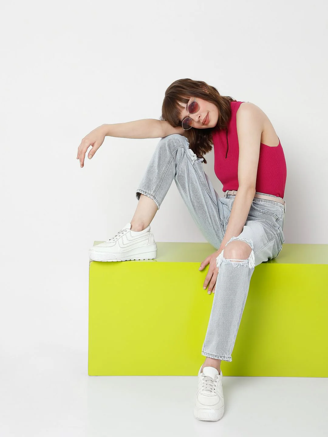 Blue High Rise Ripped Mom Jeans