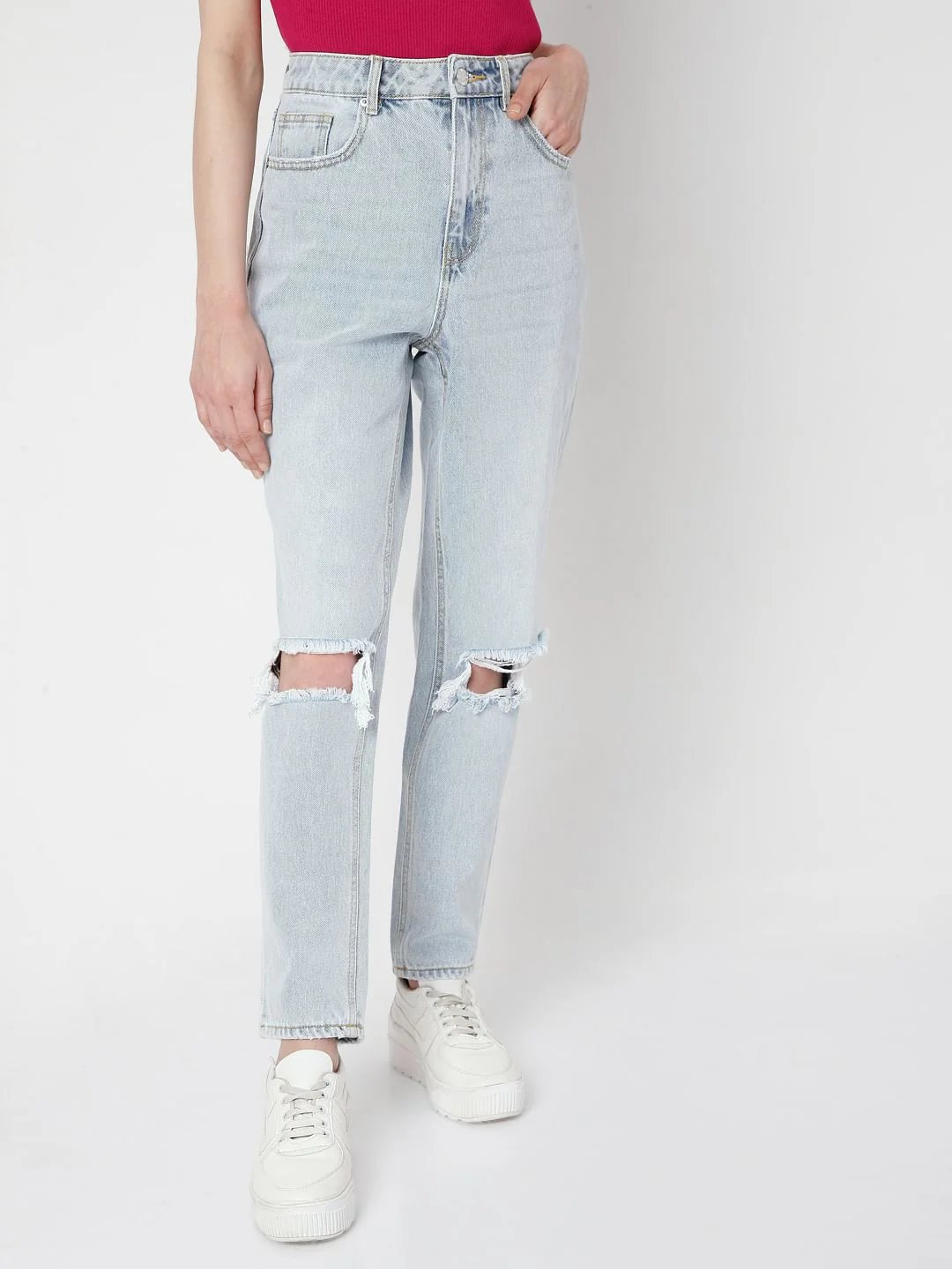 Blue High Rise Ripped Mom Jeans - Image 2