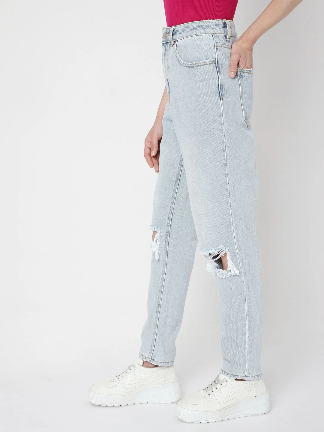 Blue High Rise Ripped Mom Jeans - Image 3