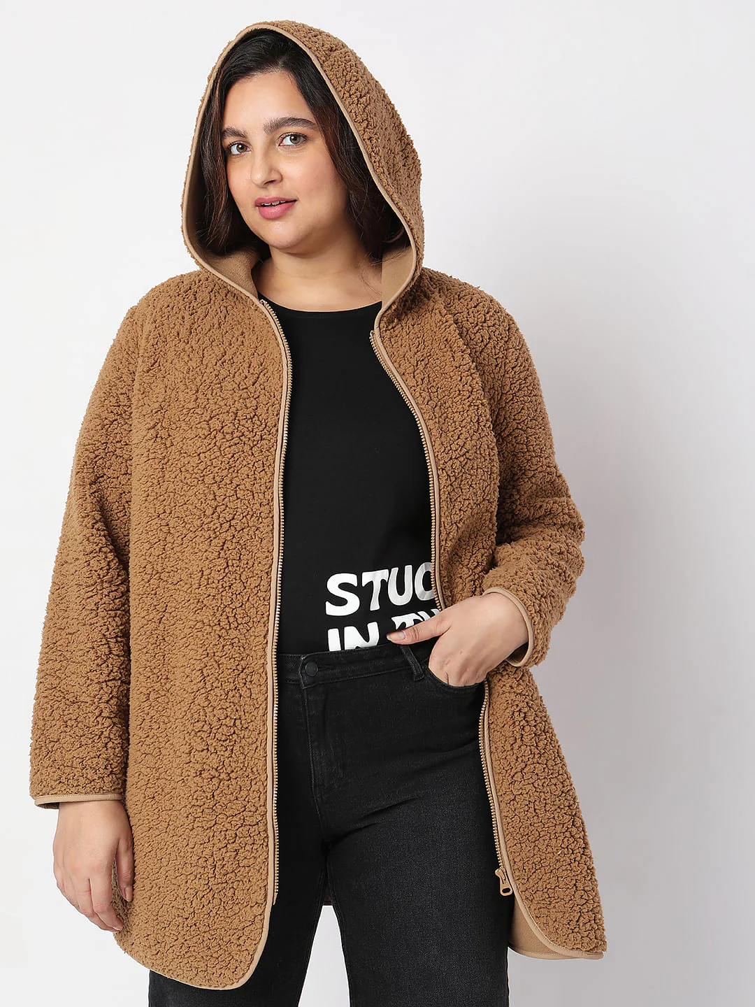 Curve Brown Teddy Hooded Jacket - Image 2