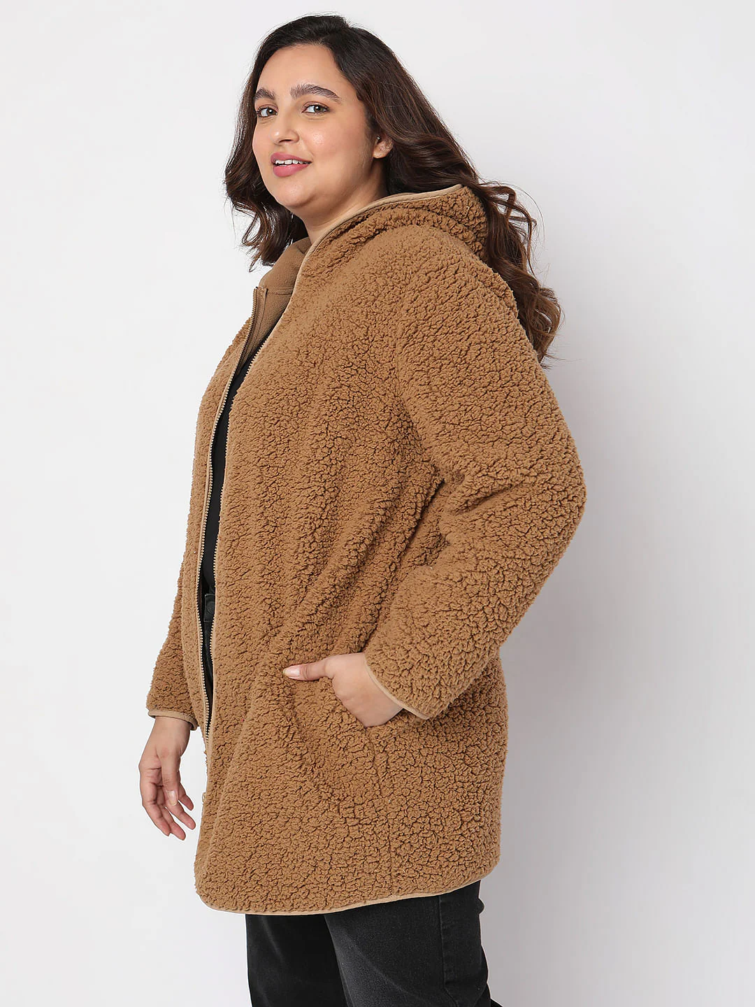 Curve Brown Teddy Hooded Jacket - Image 3