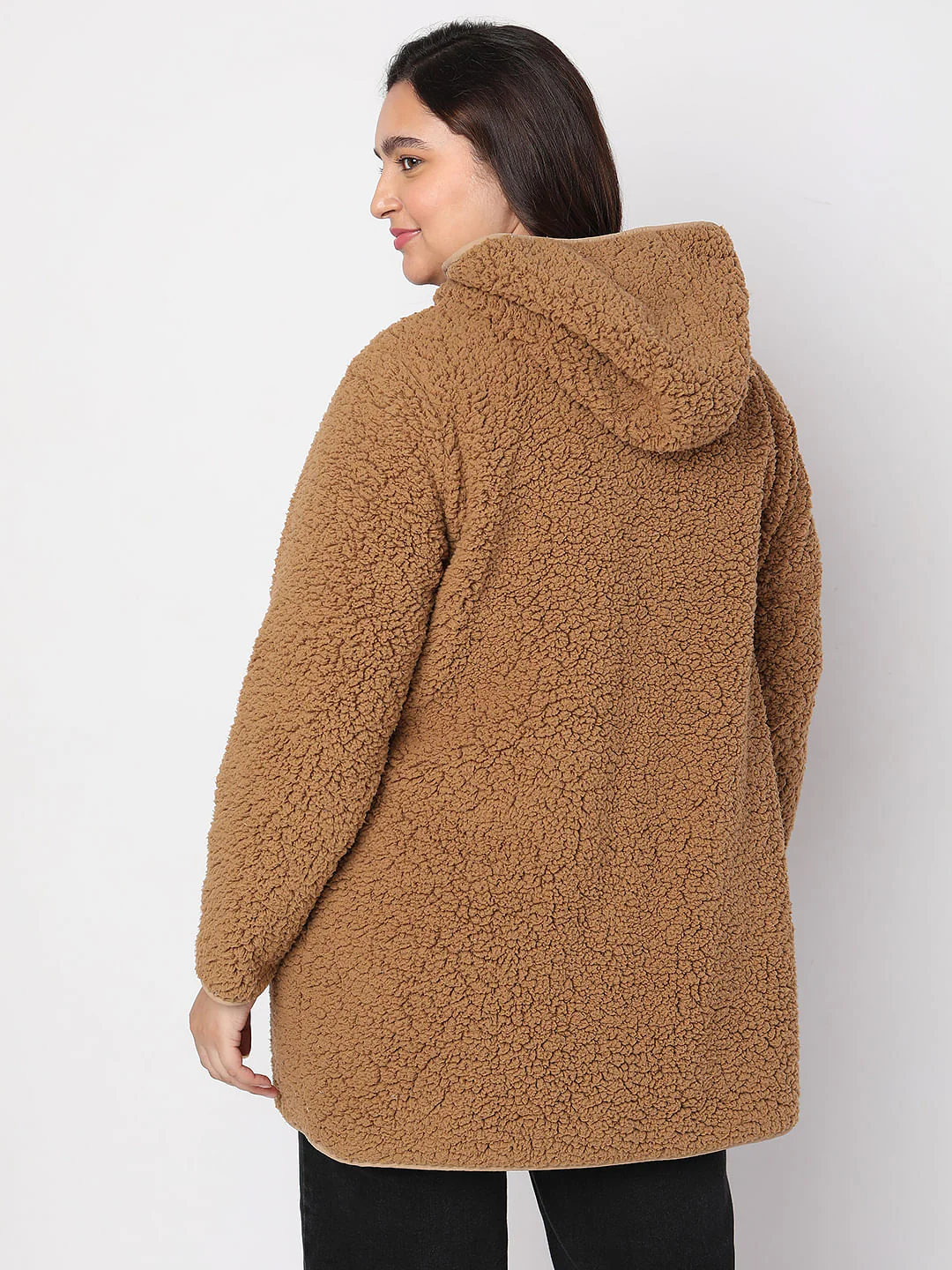 Curve Brown Teddy Hooded Jacket - Image 4
