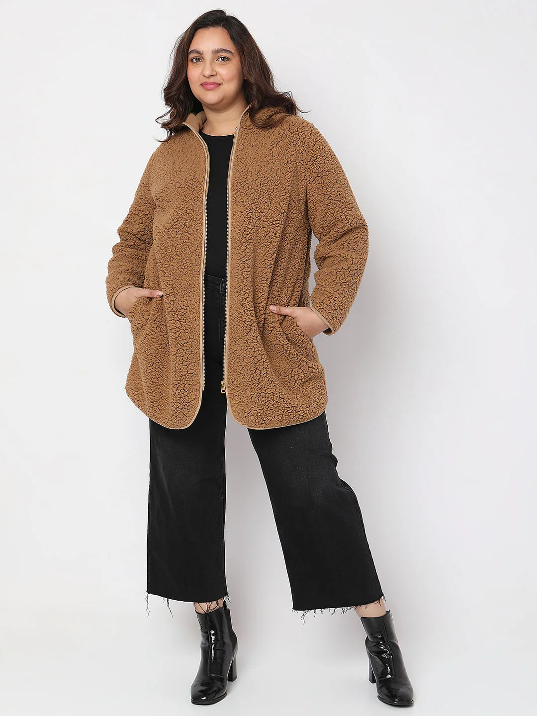 Curve Brown Teddy Hooded Jacket - Image 5