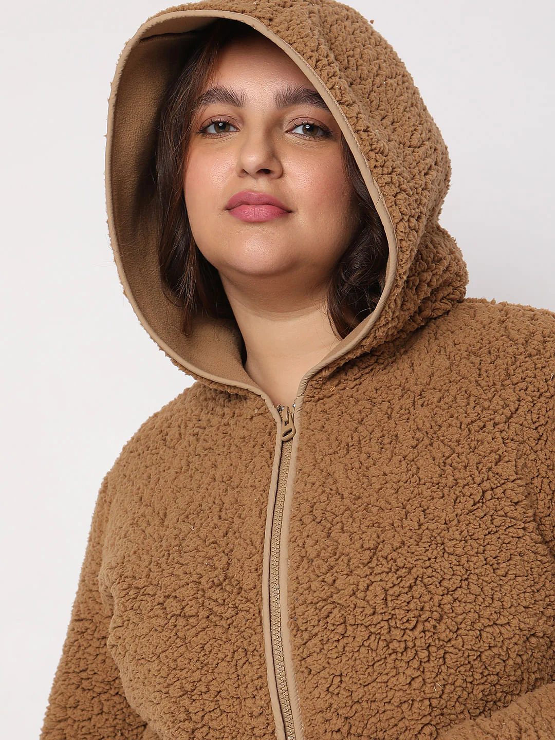 Curve Brown Teddy Hooded Jacket - Image 6