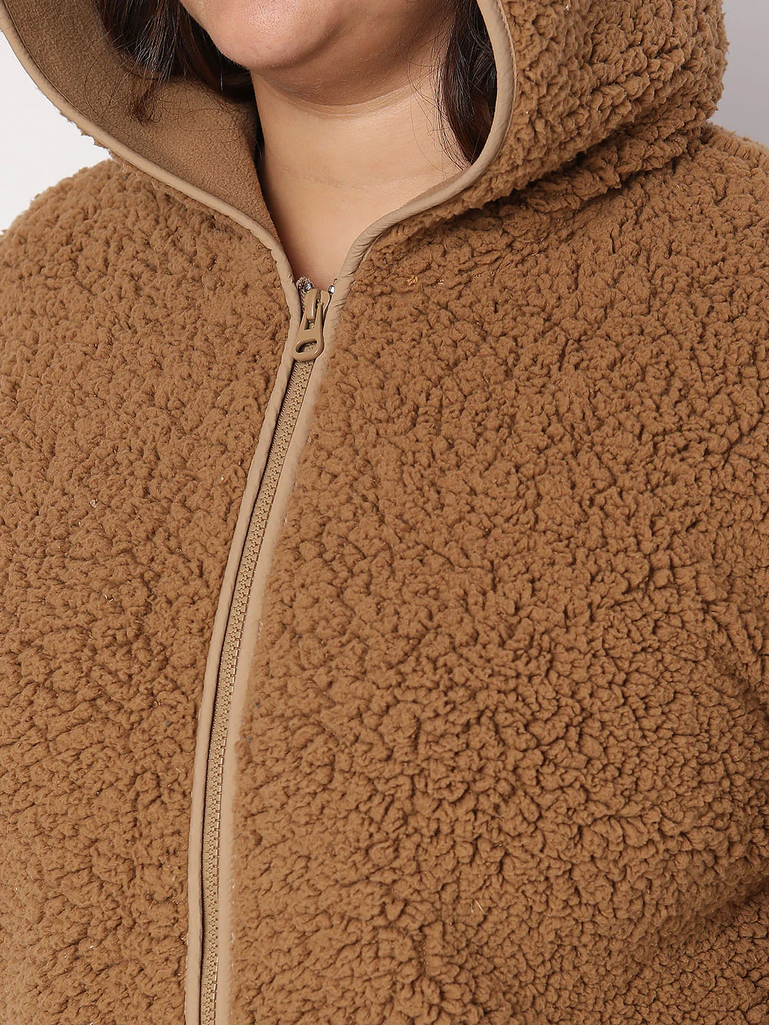 Curve Brown Teddy Hooded Jacket - Image 8