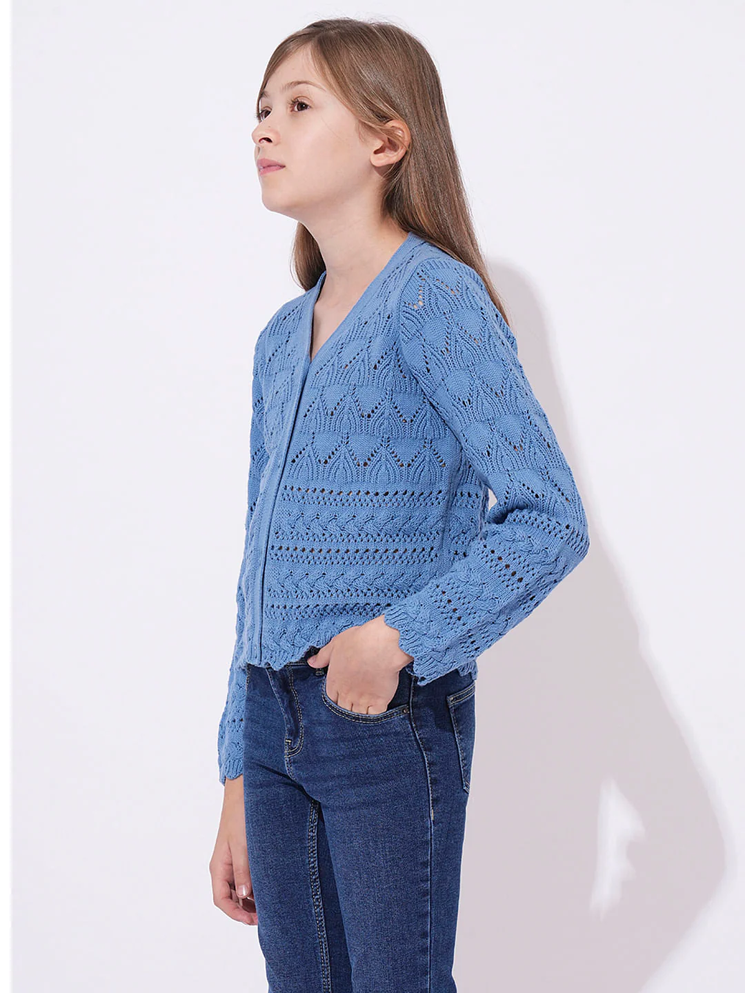 Girls Blue V-Neck Cardigan - Image 2