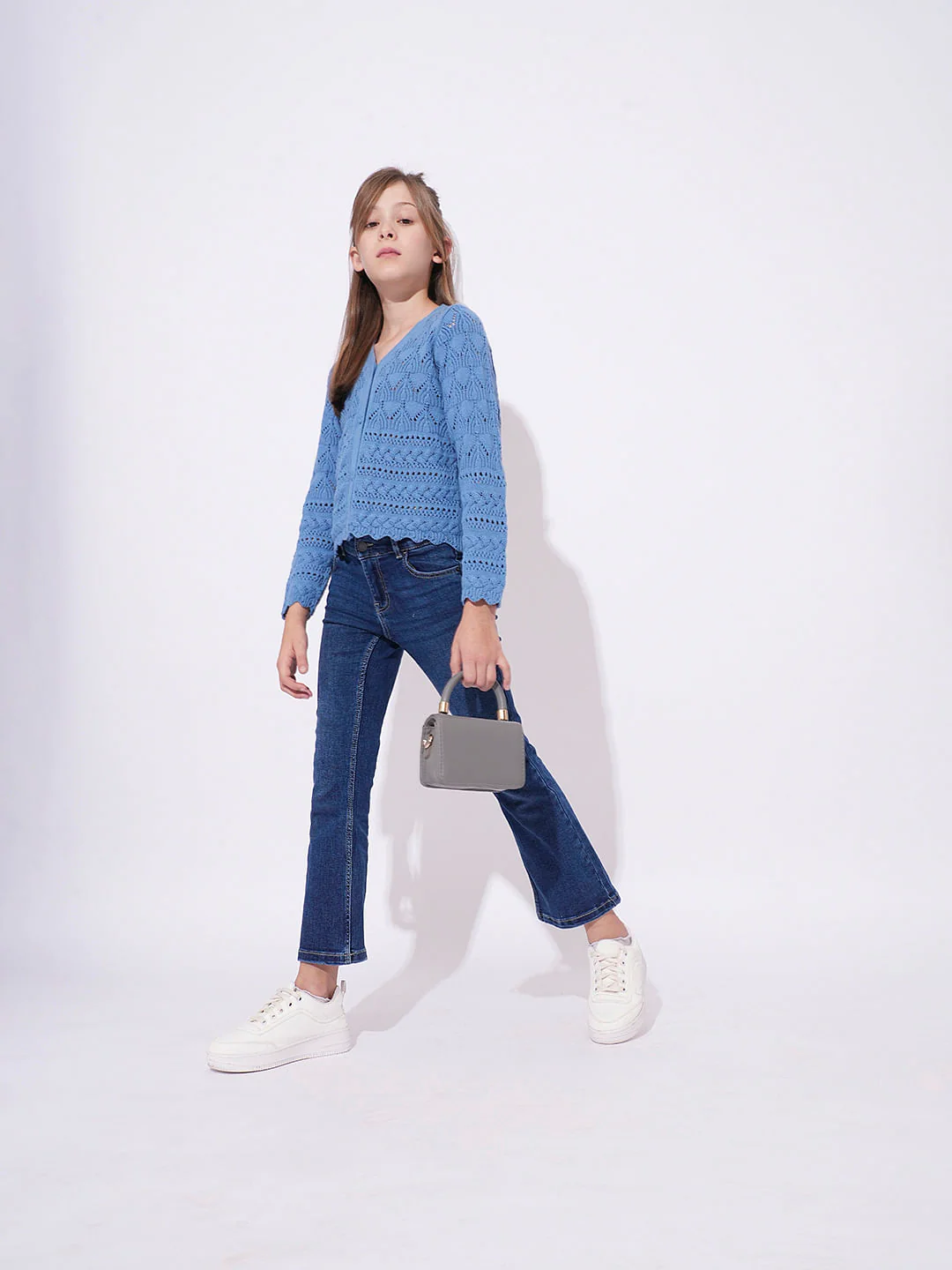 Girls Blue V-Neck Cardigan - Image 5