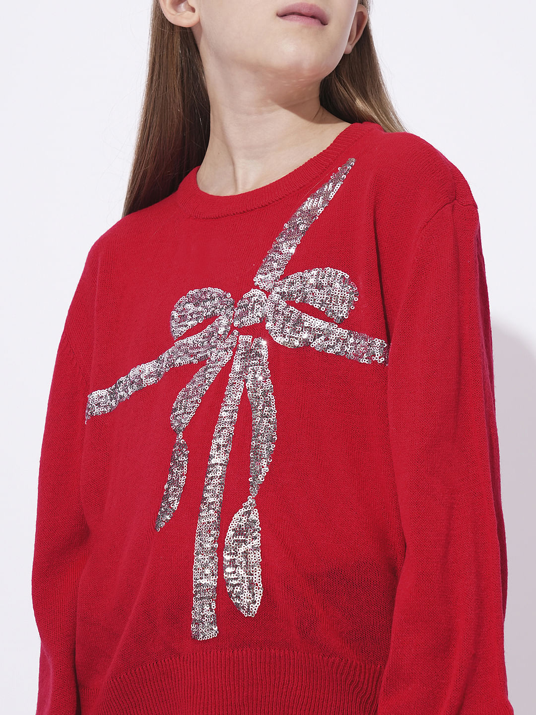 Girls Red Shimmer Knit Top - Image 4