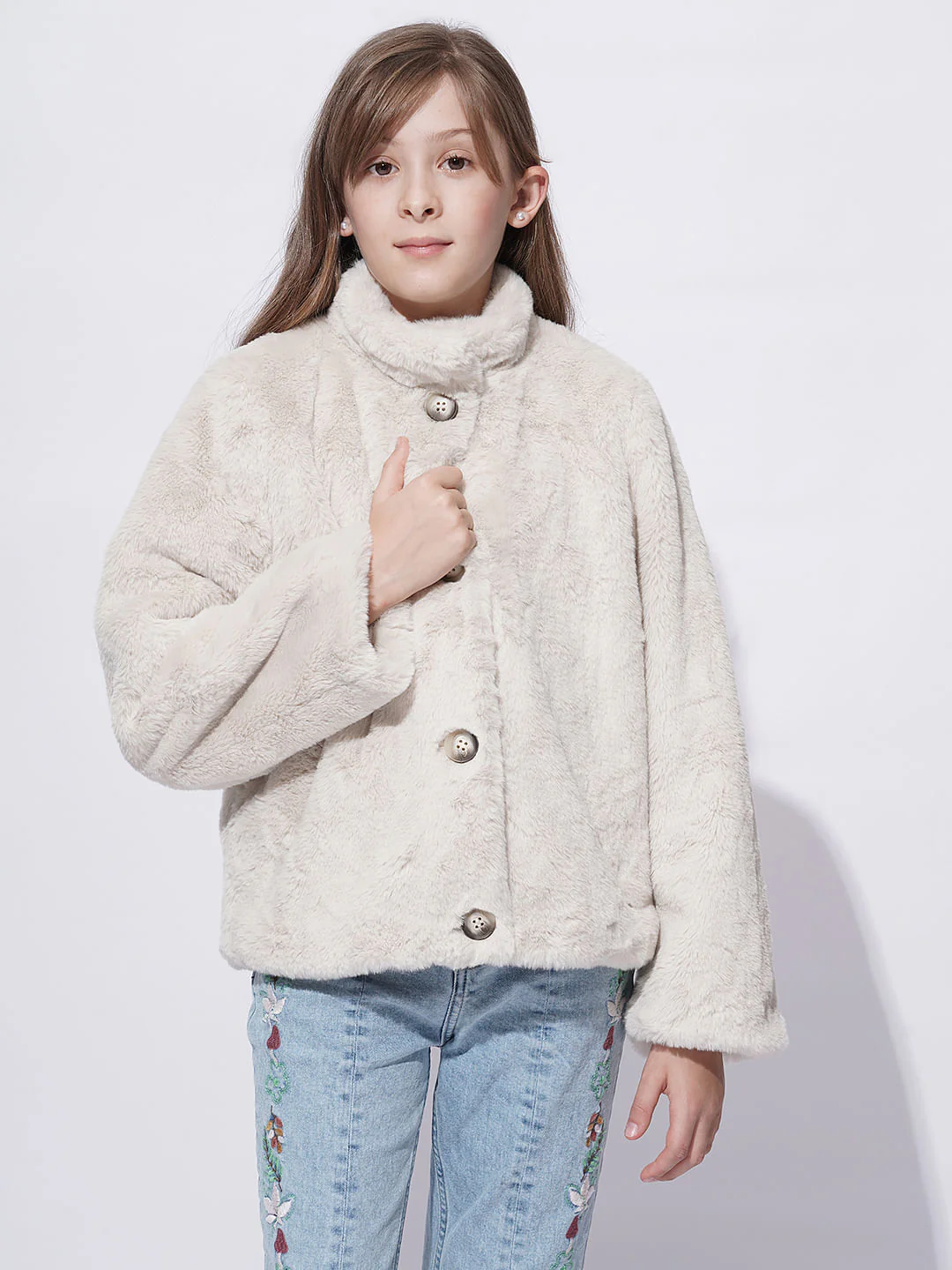 Girls Light Beige Faux Fur Short Jacket - Image 2