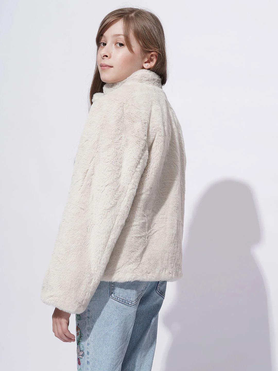 Girls Light Beige Faux Fur Short Jacket - Image 3