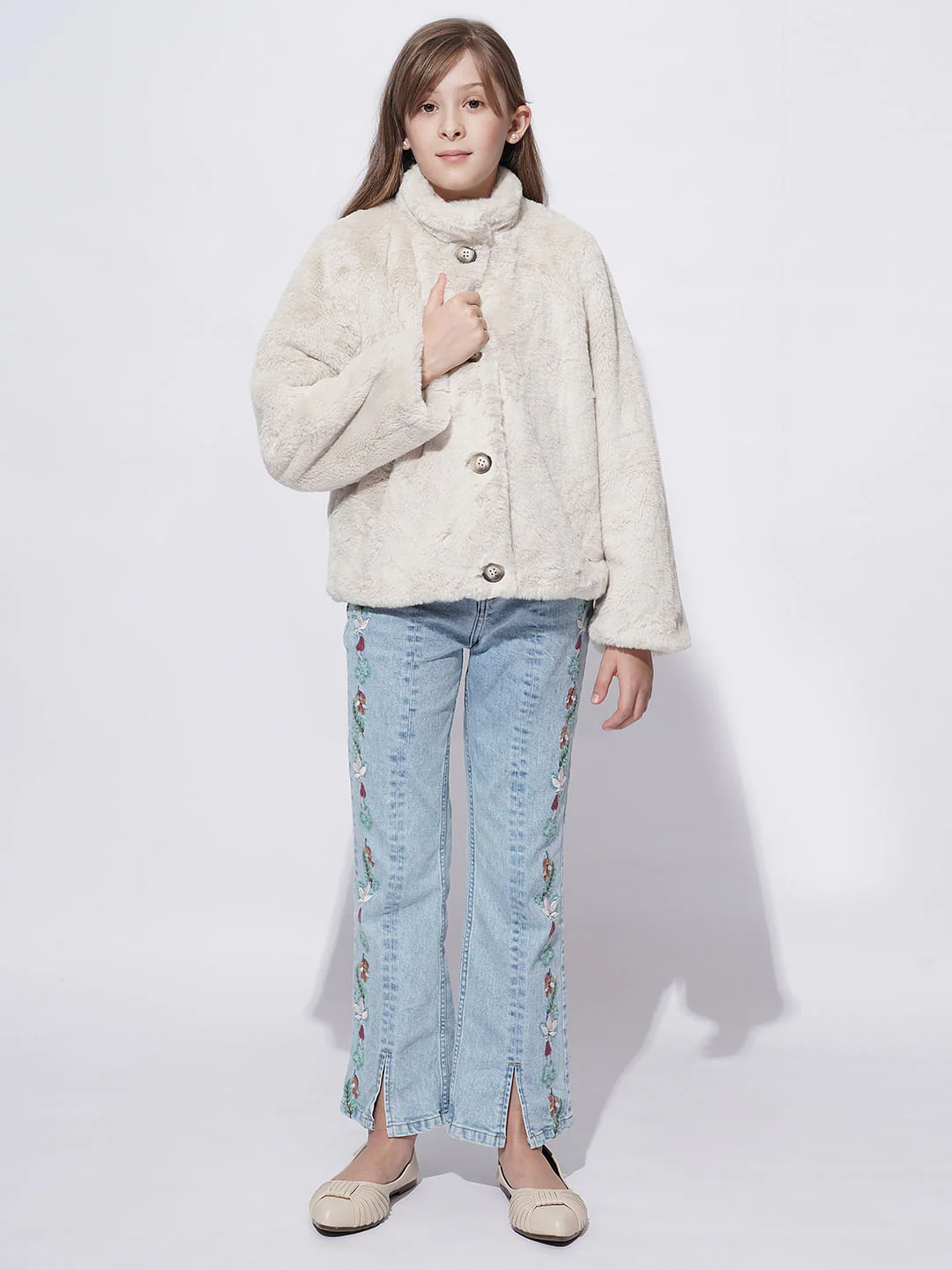 Girls Light Beige Faux Fur Short Jacket - Image 5