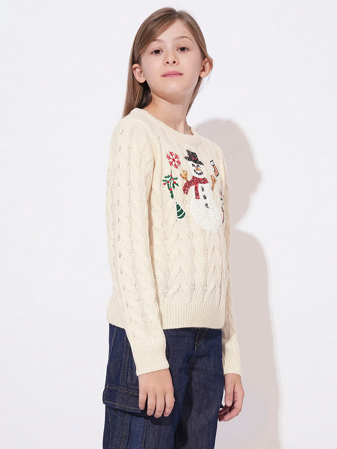 Girls Beige Printed Short Pullover - Image 2