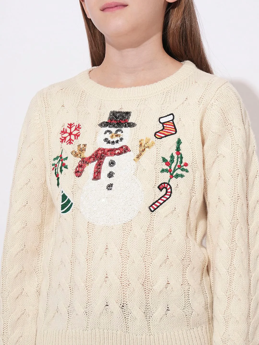 Girls Beige Printed Short Pullover - Image 4