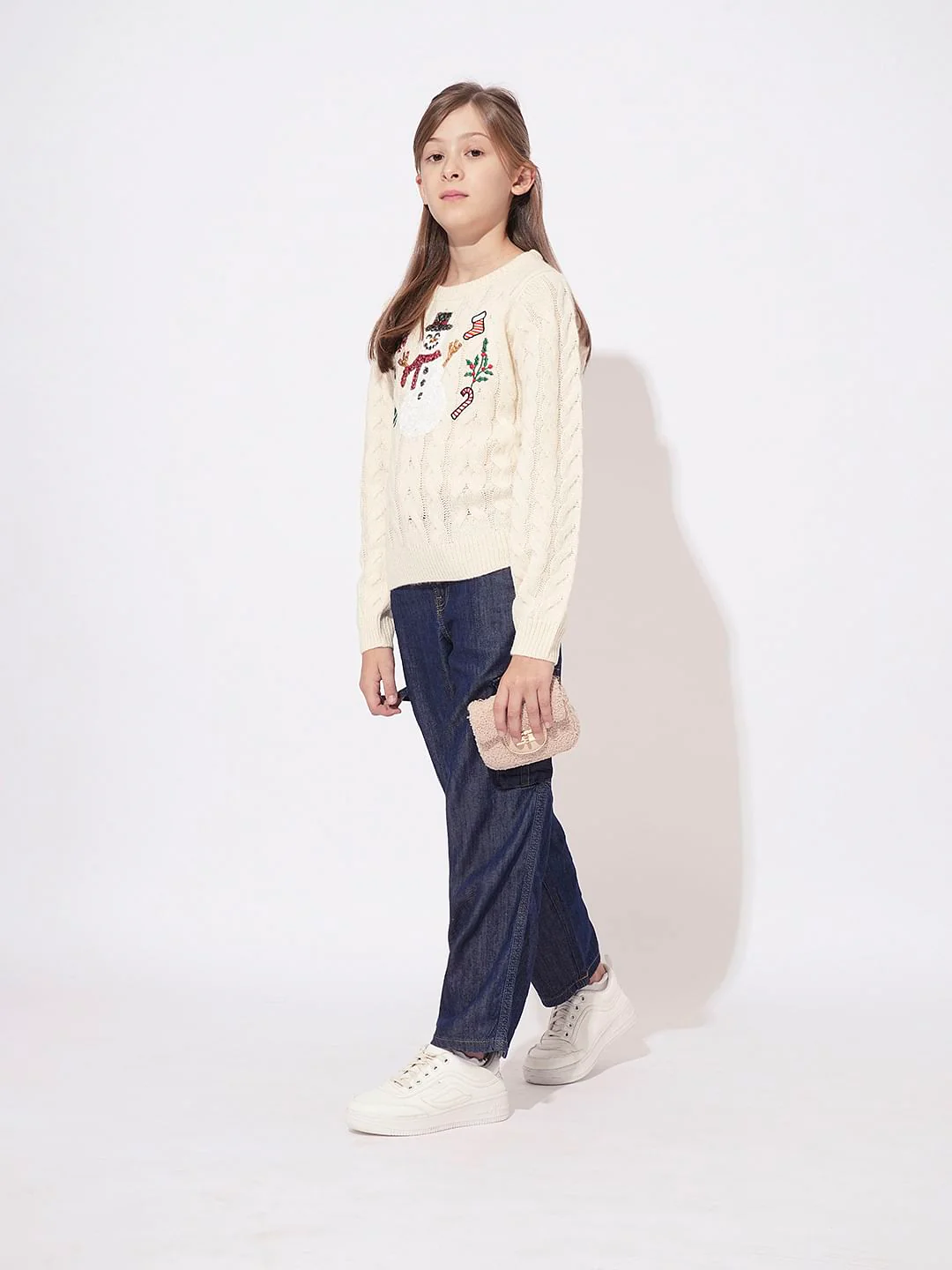 Girls Beige Printed Short Pullover - Image 5