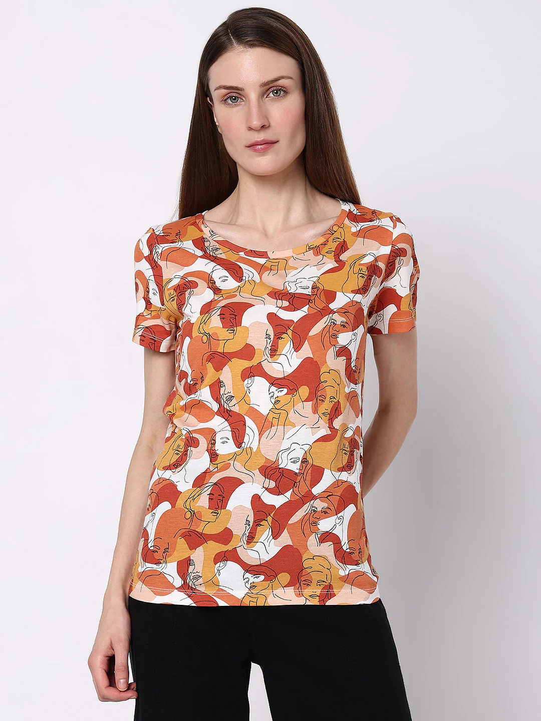 Rust Abstract Face Print T-Shirt - Image 2