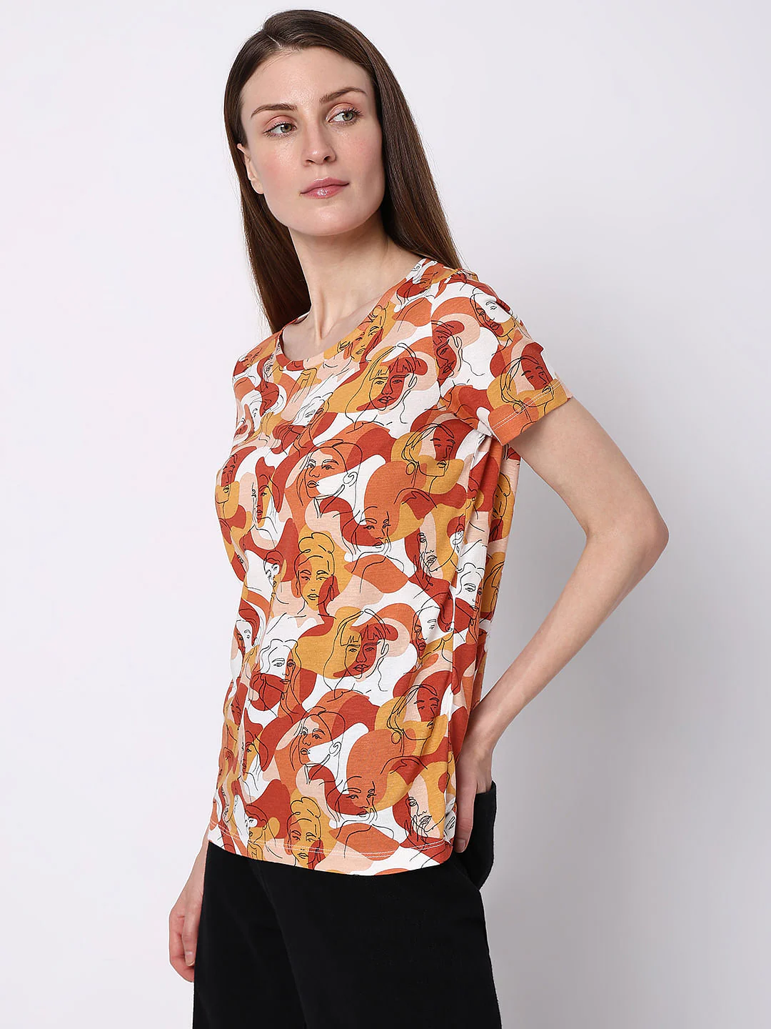 Rust Abstract Face Print T-Shirt - Image 3