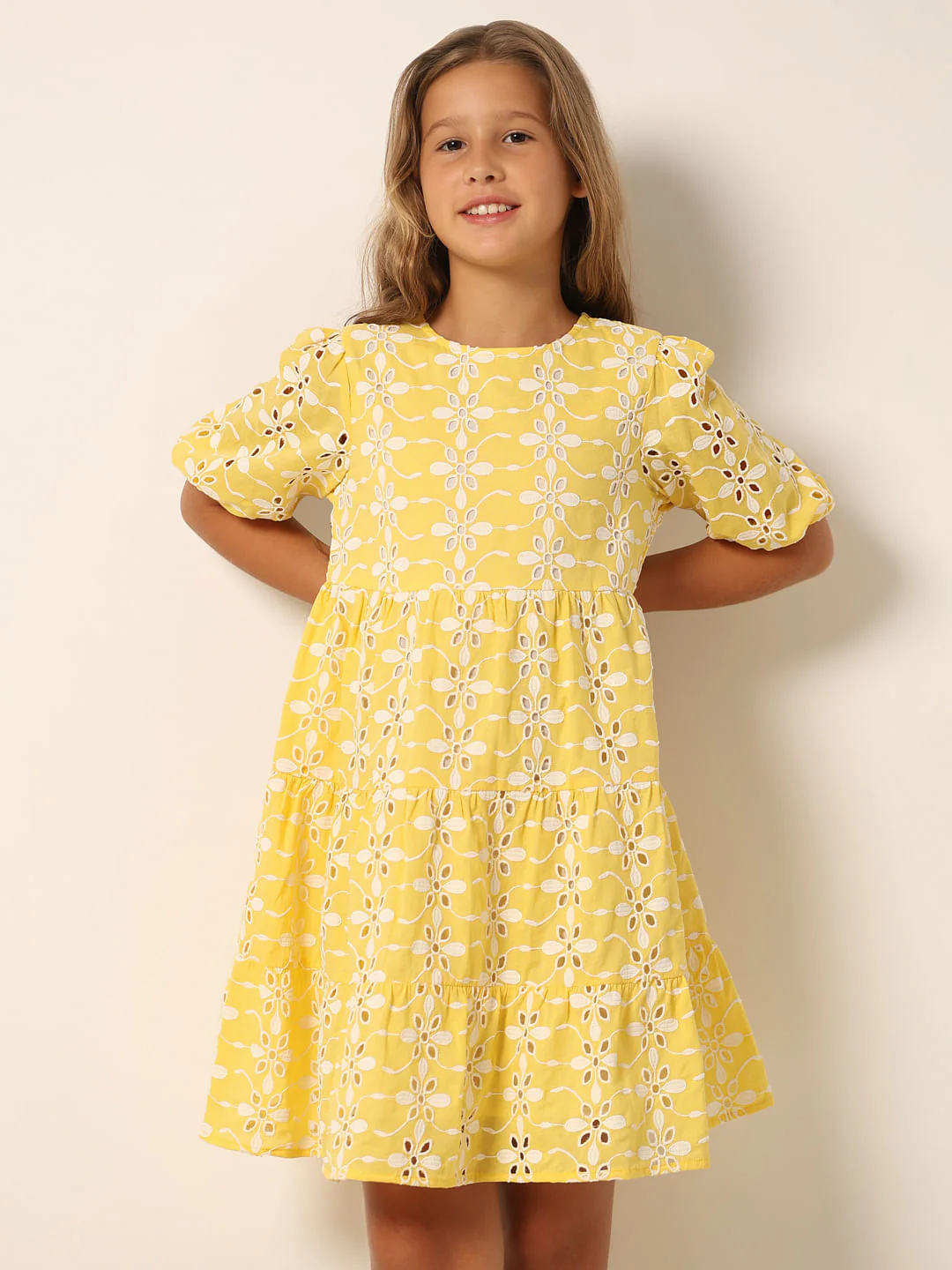 Yellow Schiffli Detail Fit & Flare Dress - Image 2