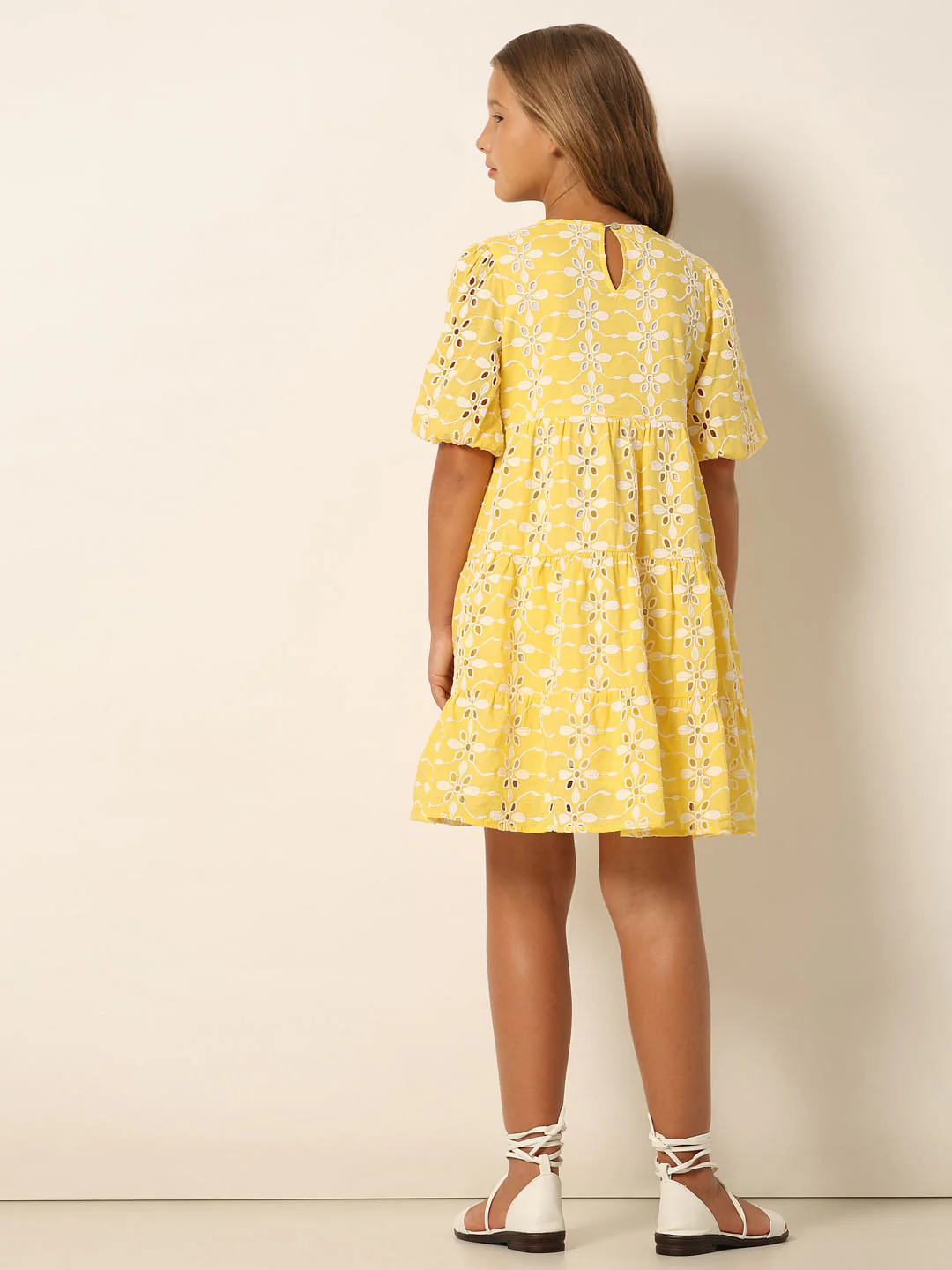 Yellow Schiffli Detail Fit & Flare Dress - Image 3