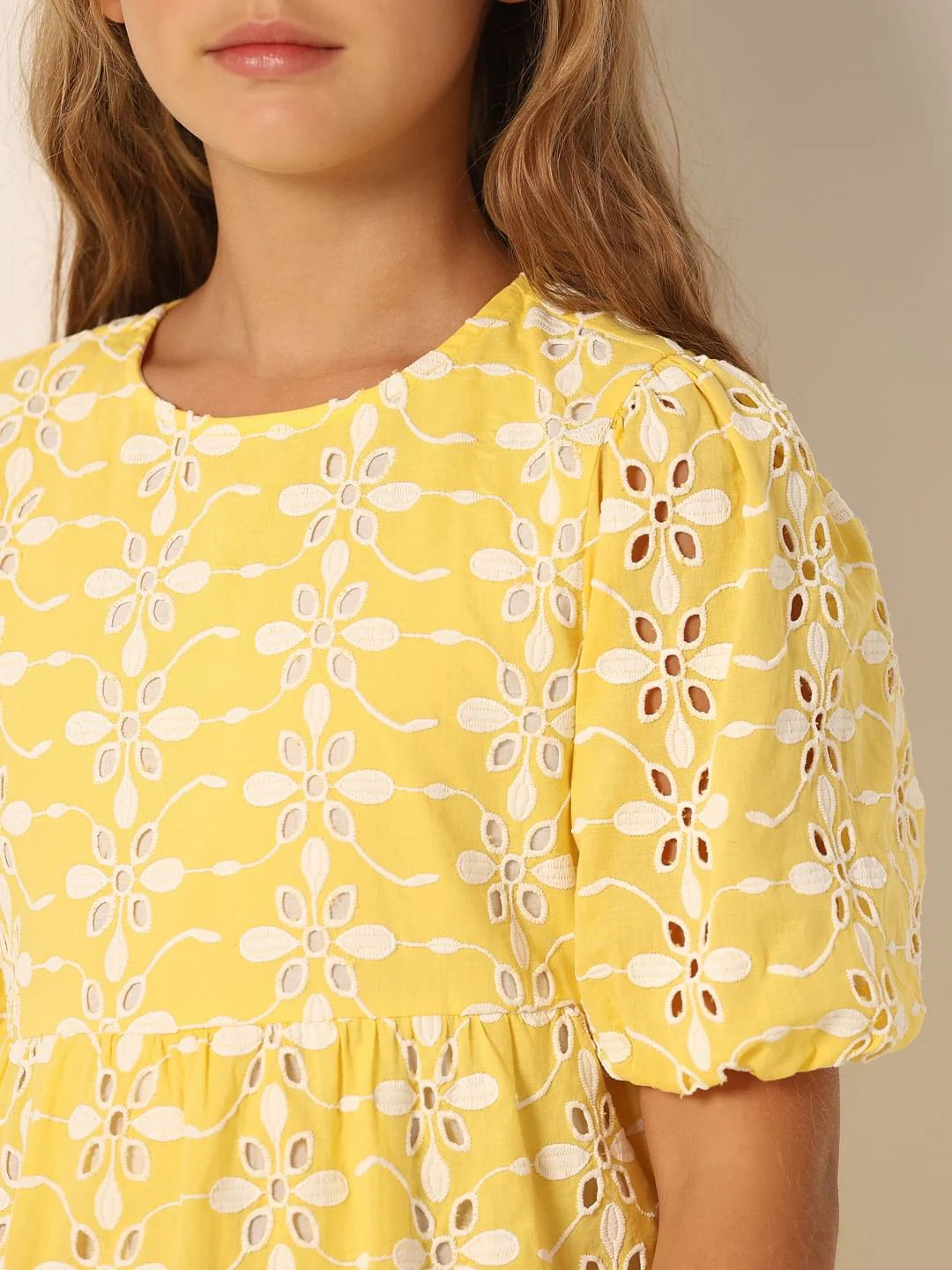 Yellow Schiffli Detail Fit & Flare Dress - Image 4