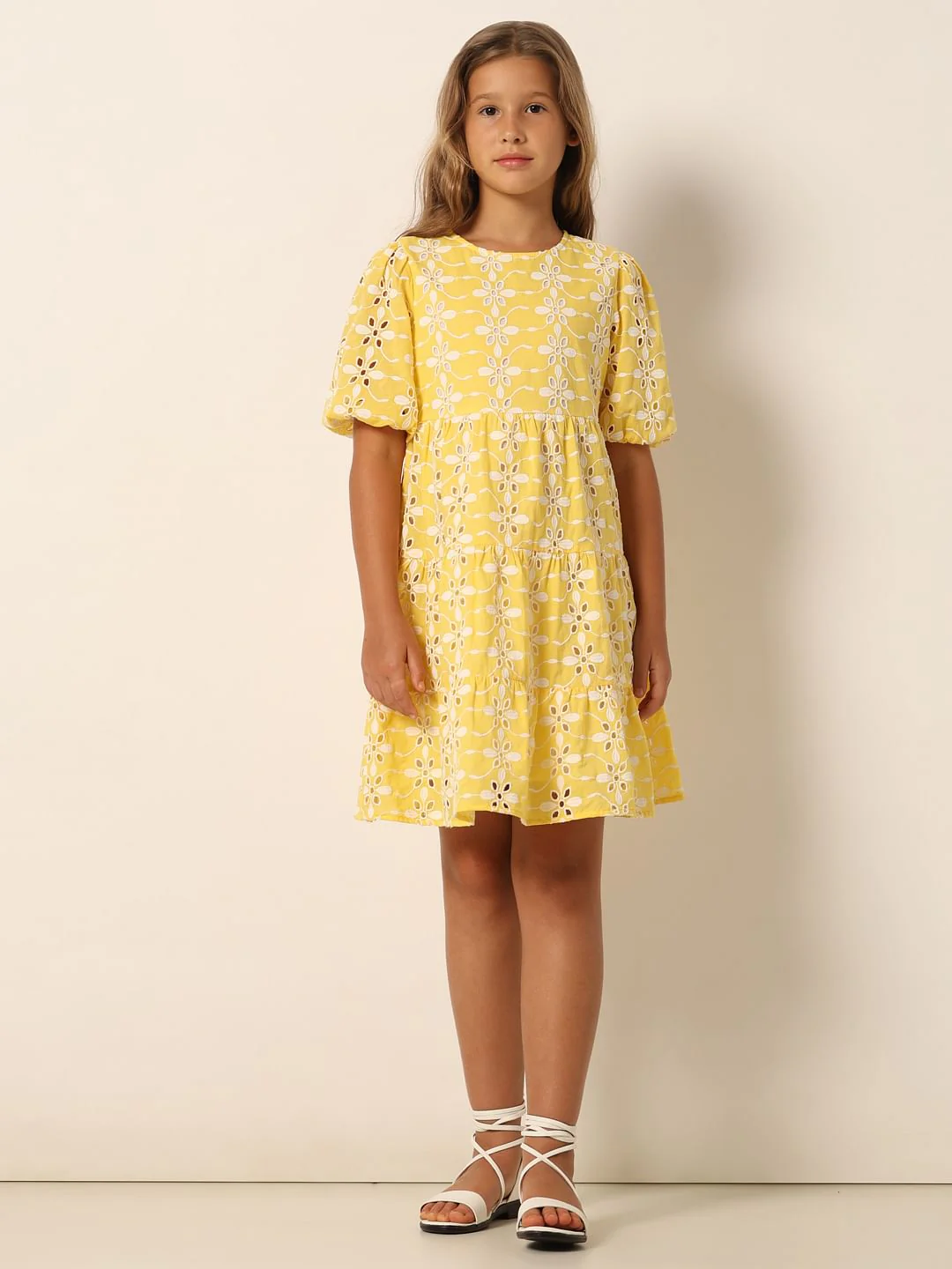 Yellow Schiffli Detail Fit & Flare Dress - Image 5