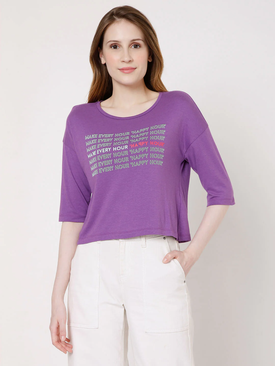 Purple Slogan Print Print T-Shirt - Image 2