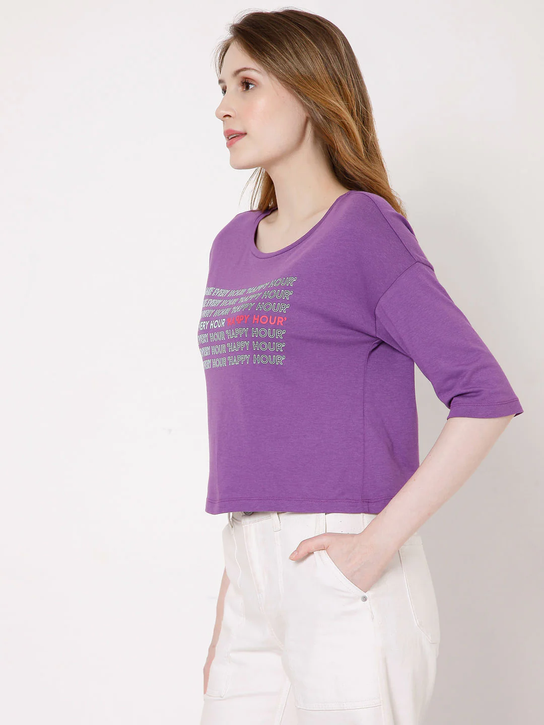 Purple Slogan Print Print T-Shirt - Image 3