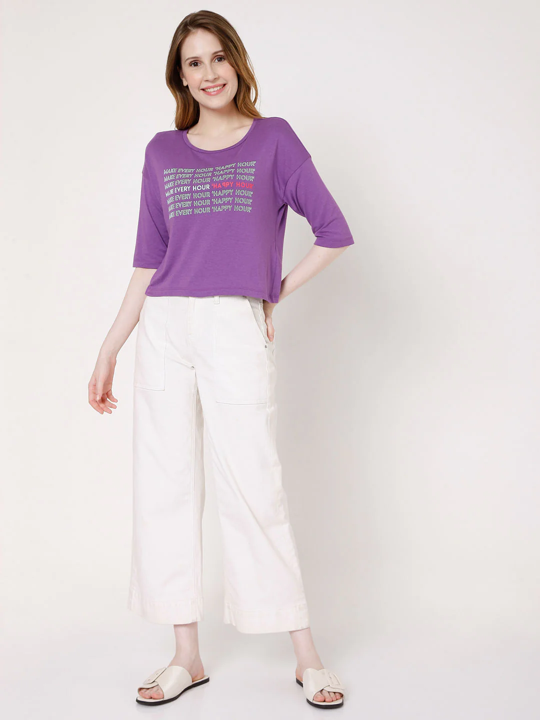 Purple Slogan Print Print T-Shirt - Image 5