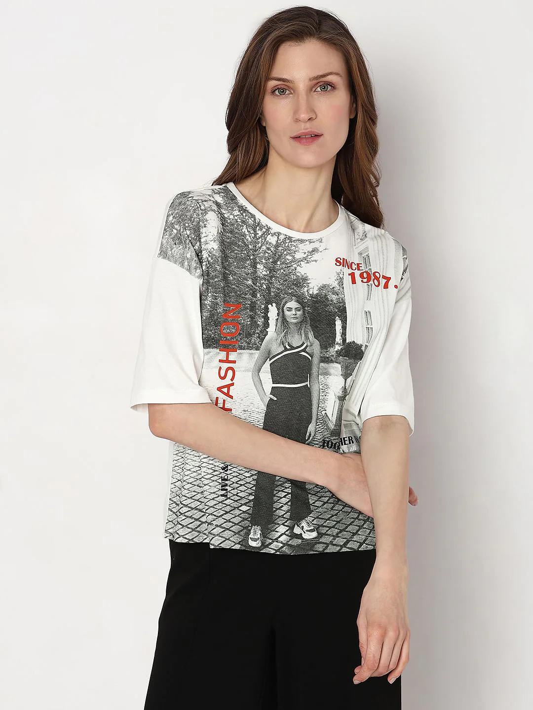 White Printed Drop Shoulder T-Shirt - Image 2