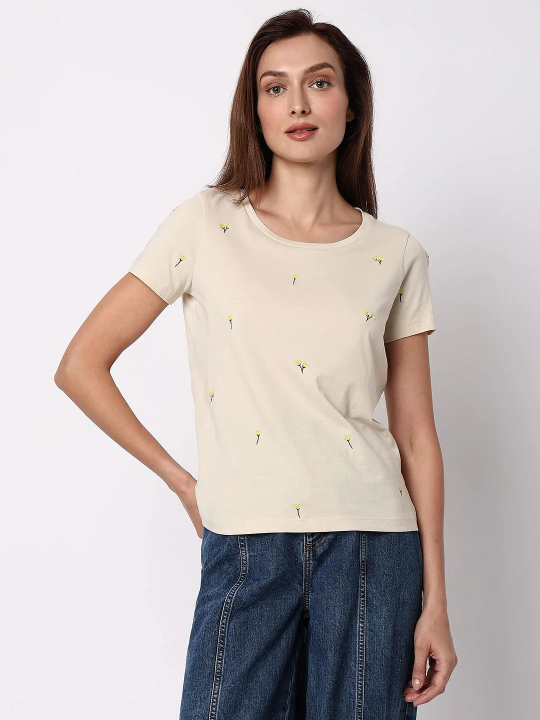Beige Floral Embroidered T-Shirt - Image 2