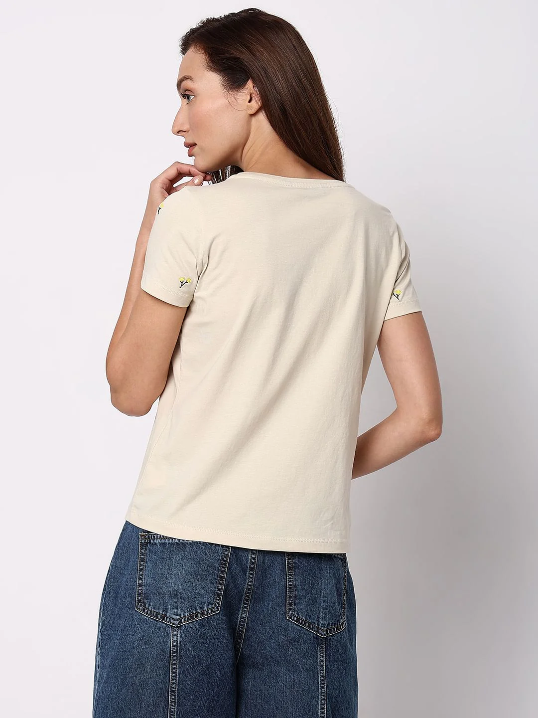 Beige Floral Embroidered T-Shirt - Image 4