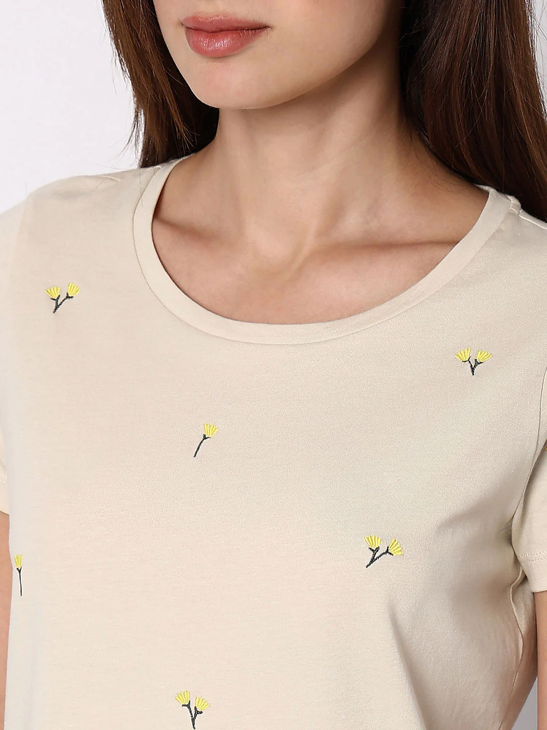 Beige Floral Embroidered T-Shirt - Image 8