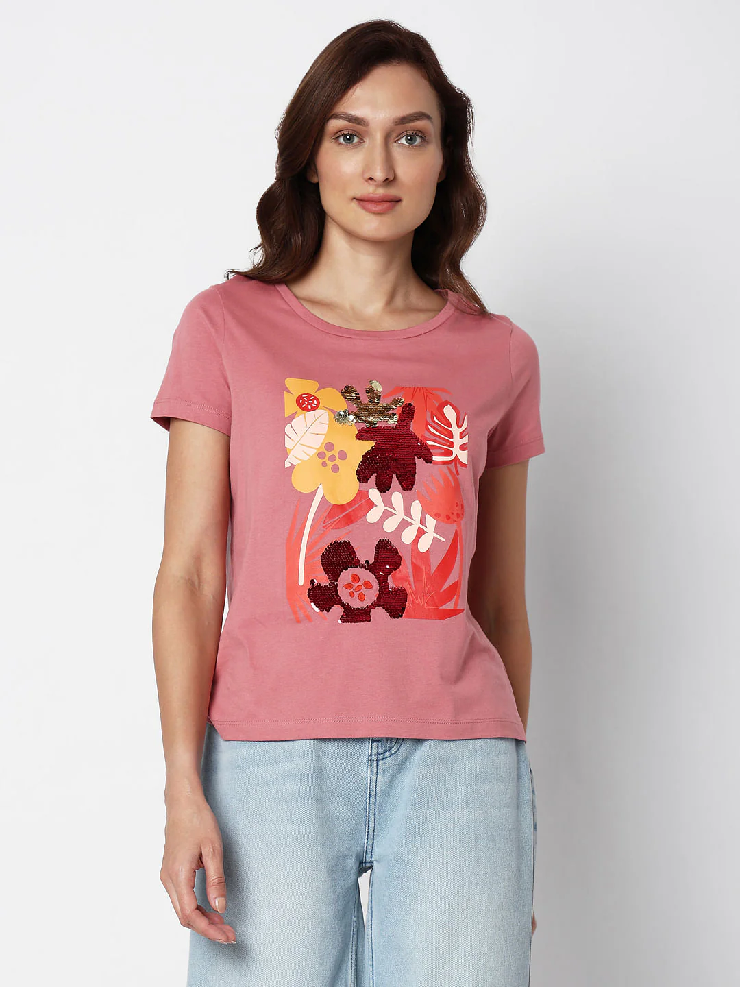 Pink Floral Sequin Detail T-Shirt - Image 2