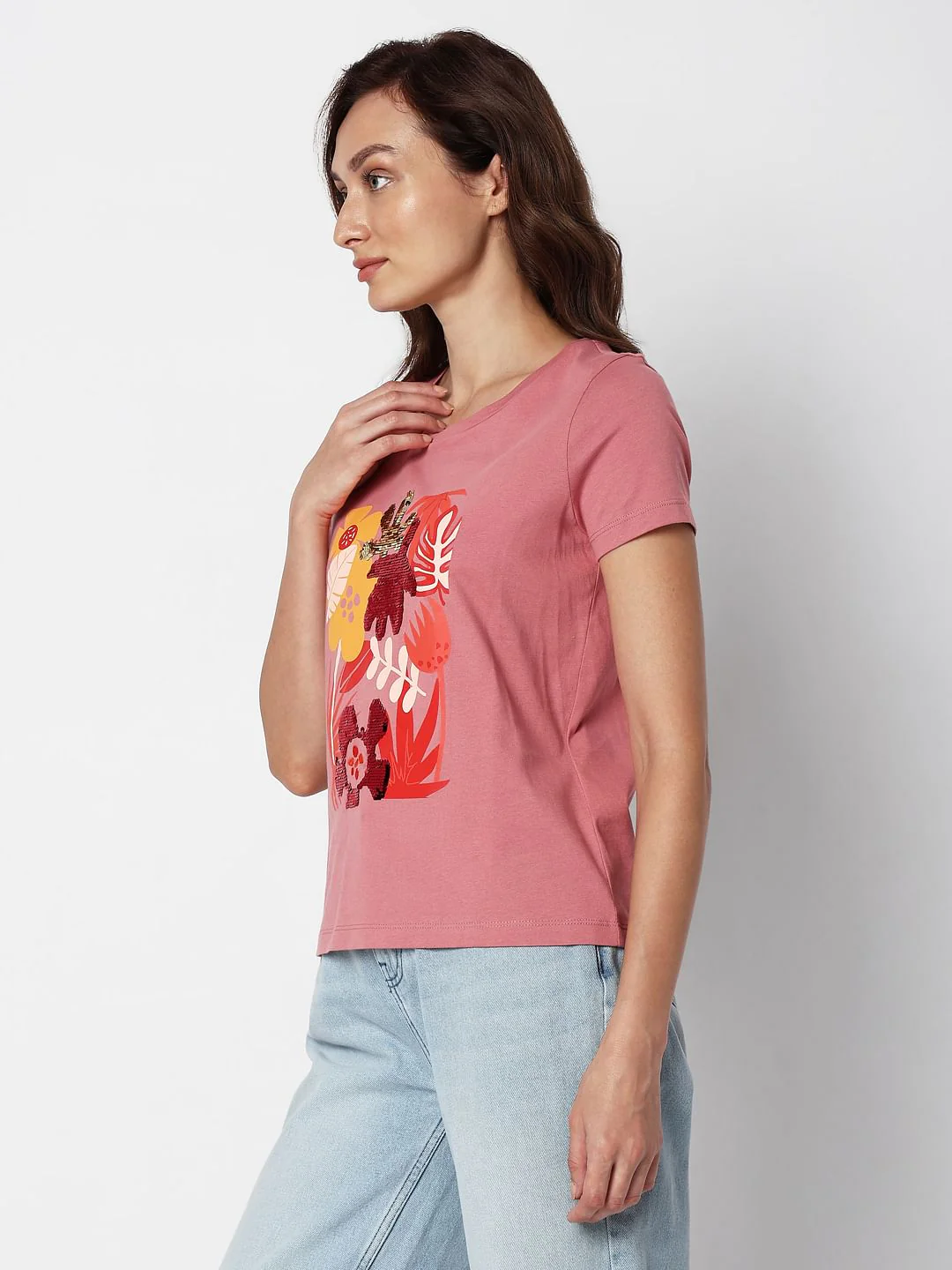 Pink Floral Sequin Detail T-Shirt - Image 3