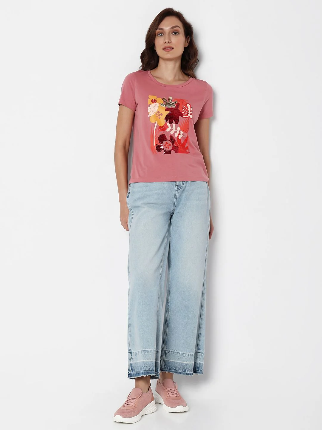 Pink Floral Sequin Detail T-Shirt - Image 5