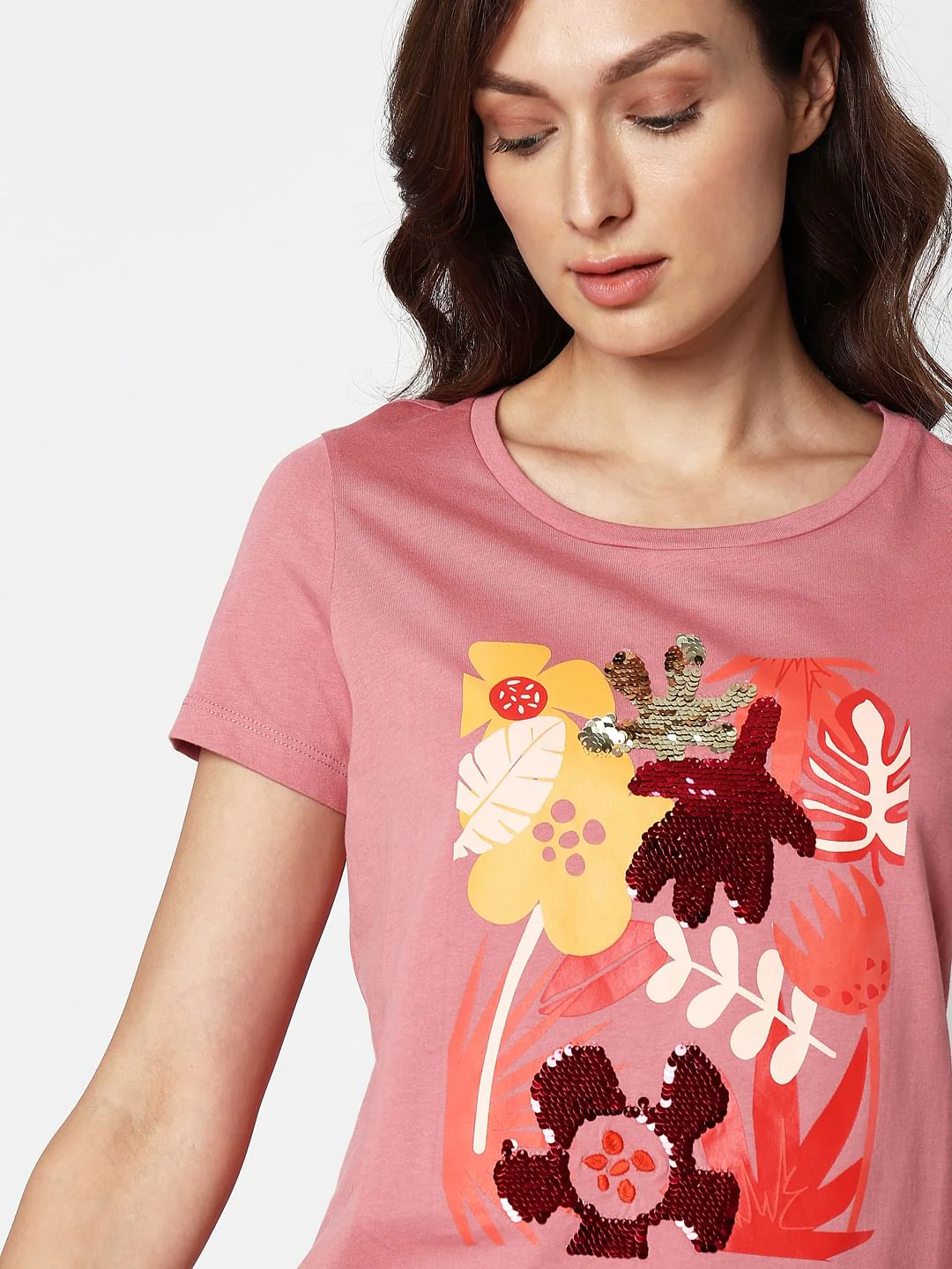 Pink Floral Sequin Detail T-Shirt - Image 6