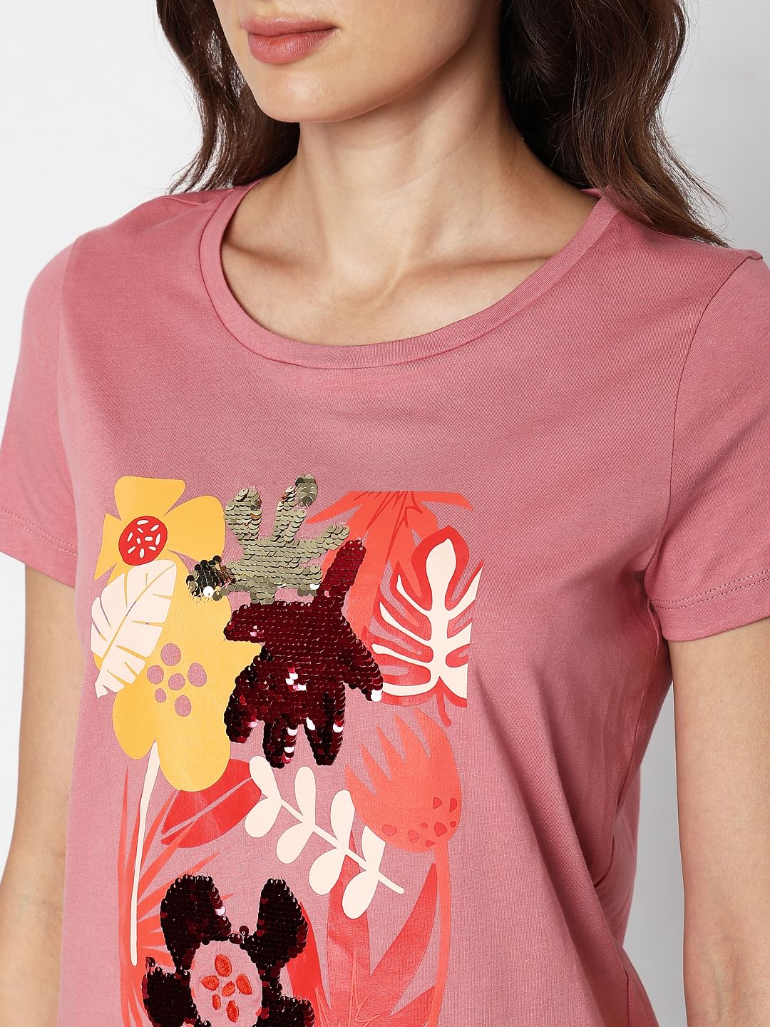 Pink Floral Sequin Detail T-Shirt - Image 8